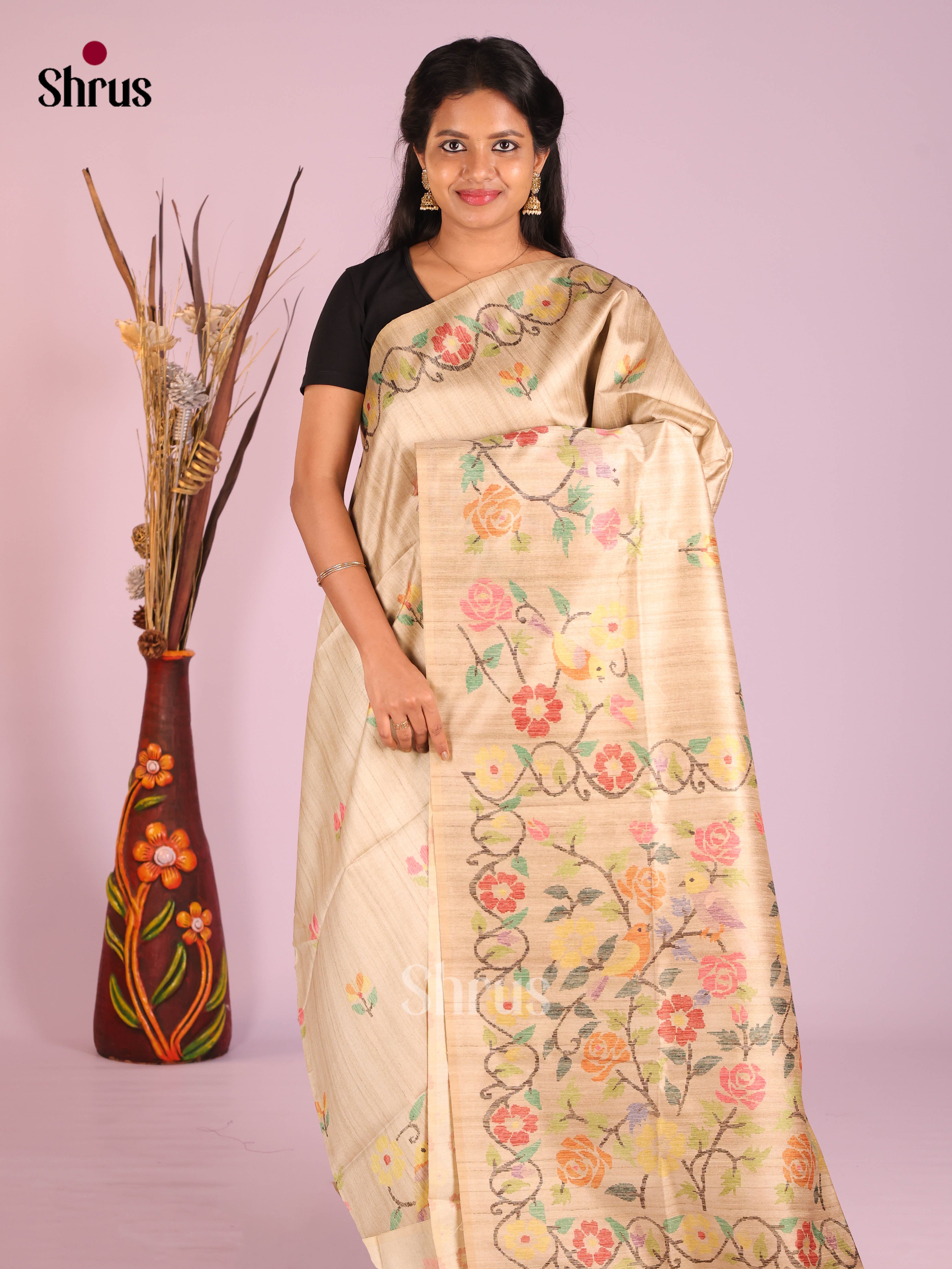 Cream - Semi Tussar Saree