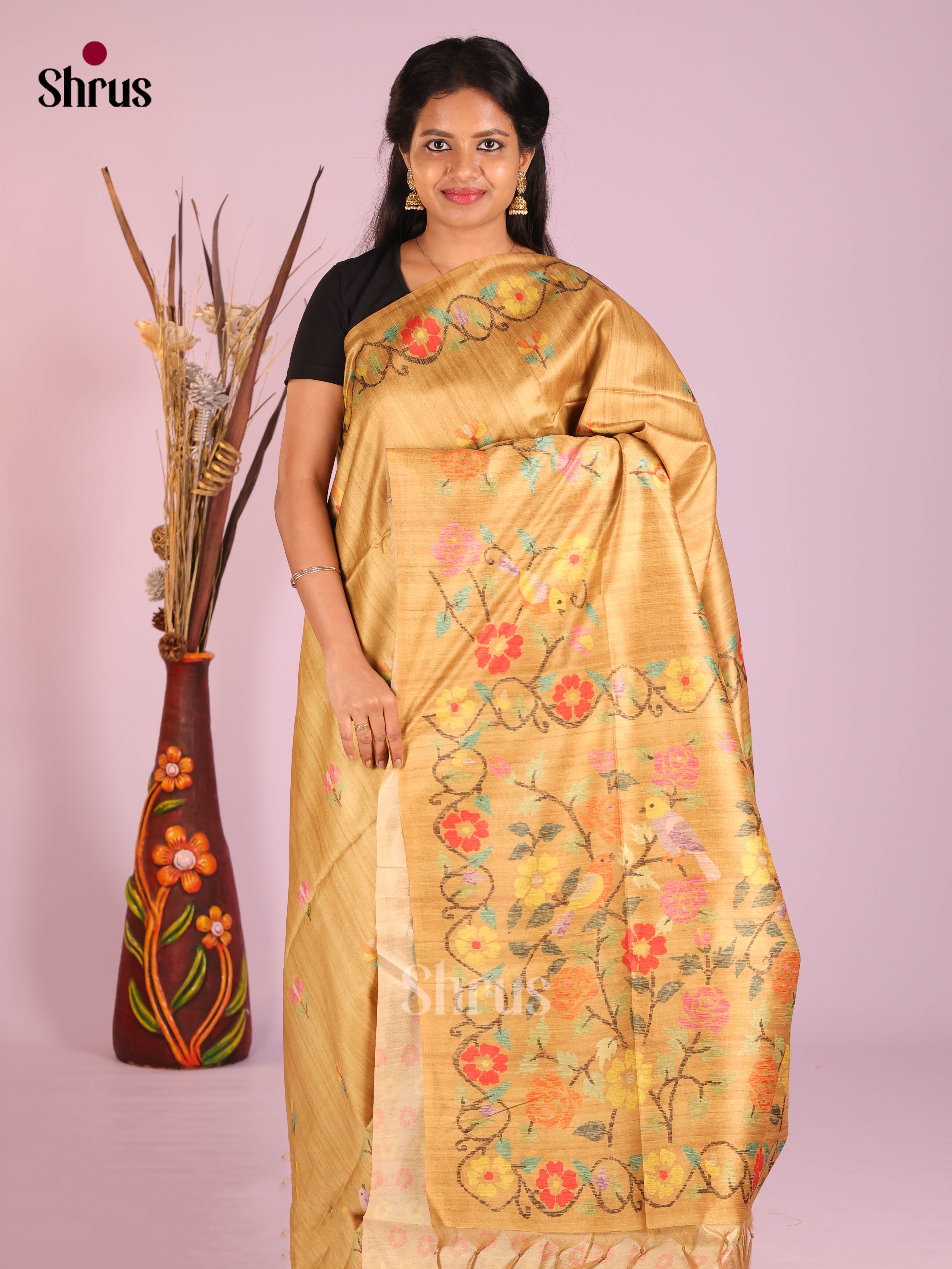 Beige - Semi Tussar Saree