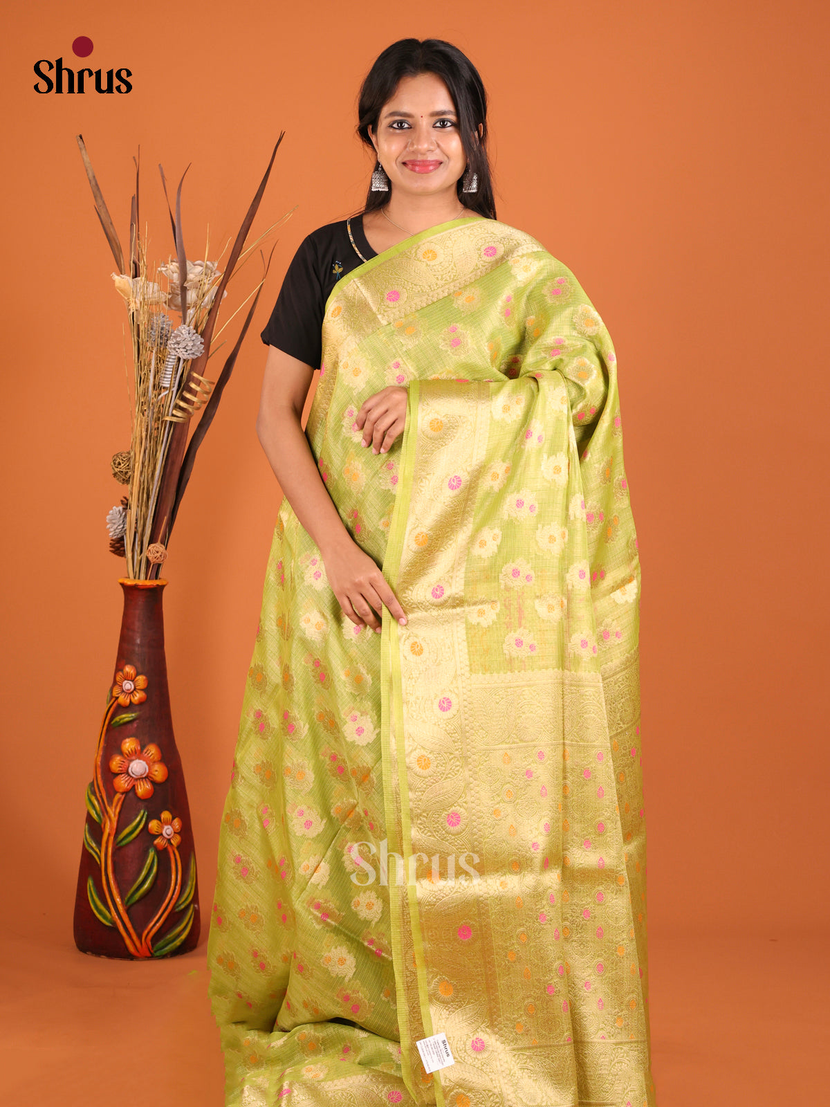 yellow flower pink zari North Silk Cotton Saree