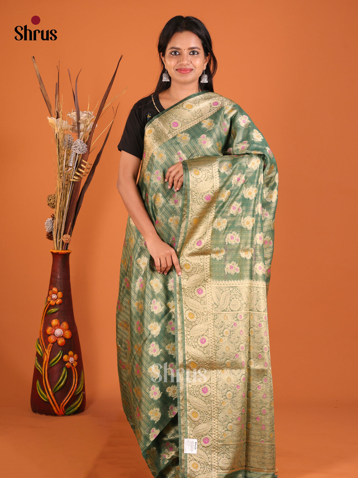 flower green gold zari North Silk Cotton Saree