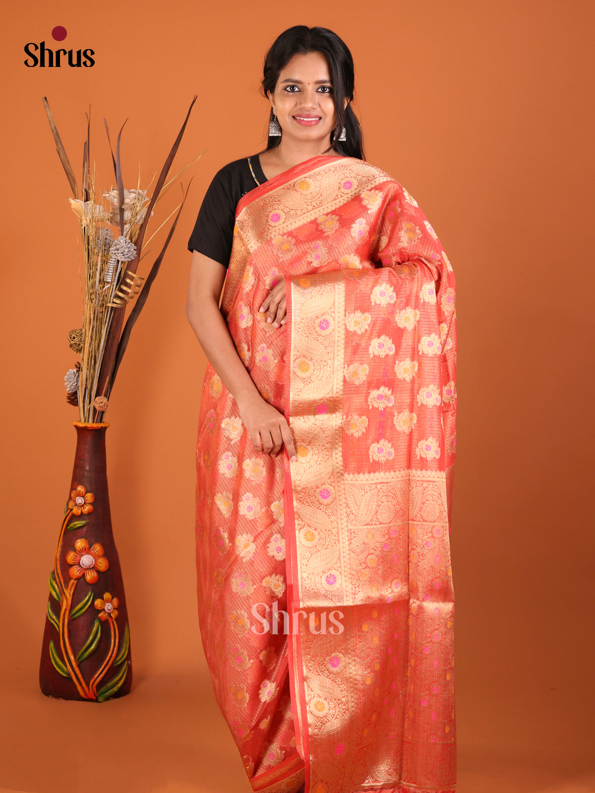 bright orange flower North Silk Cotton Saree