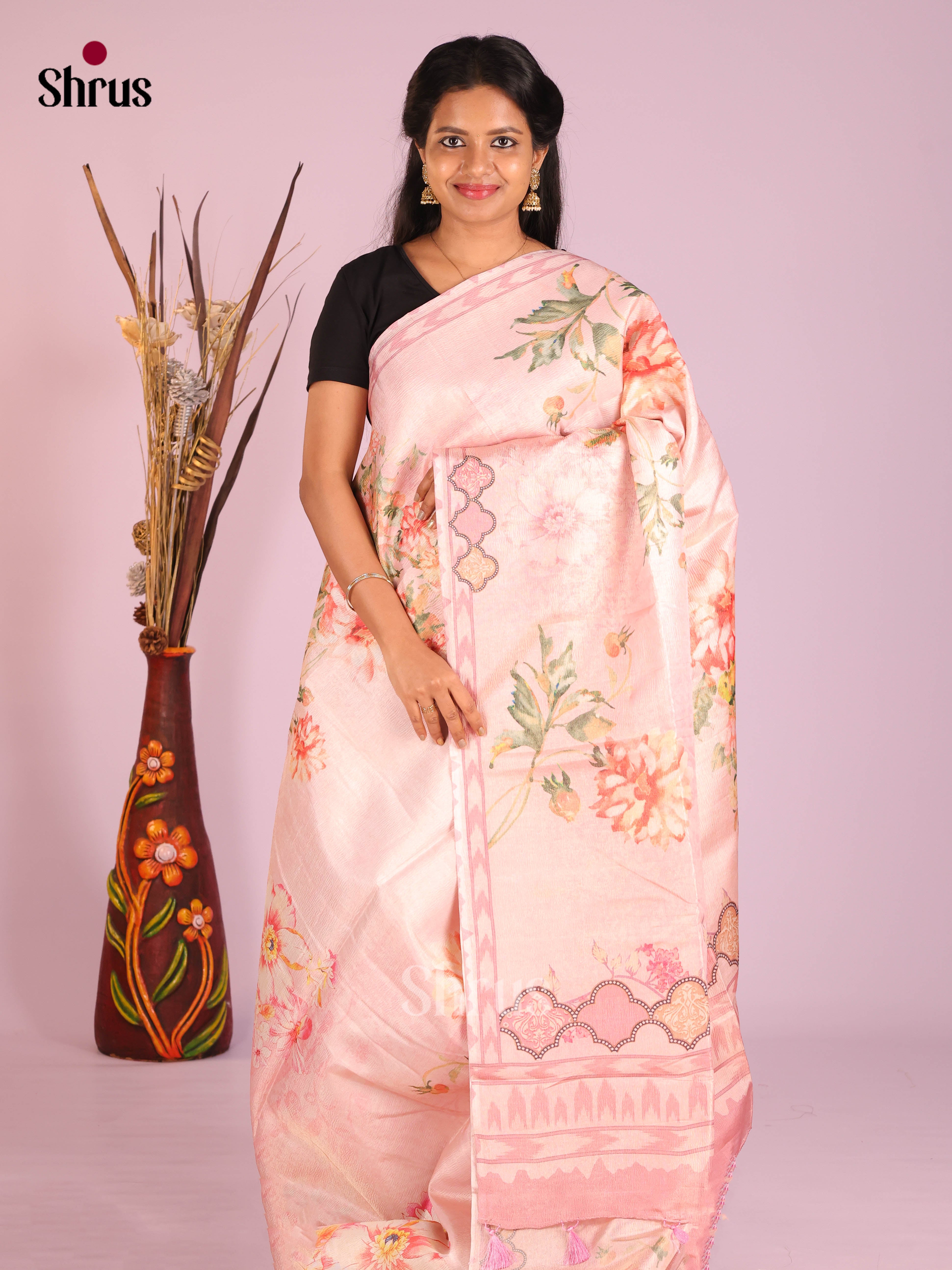 Pink - Bamboo silk Saree