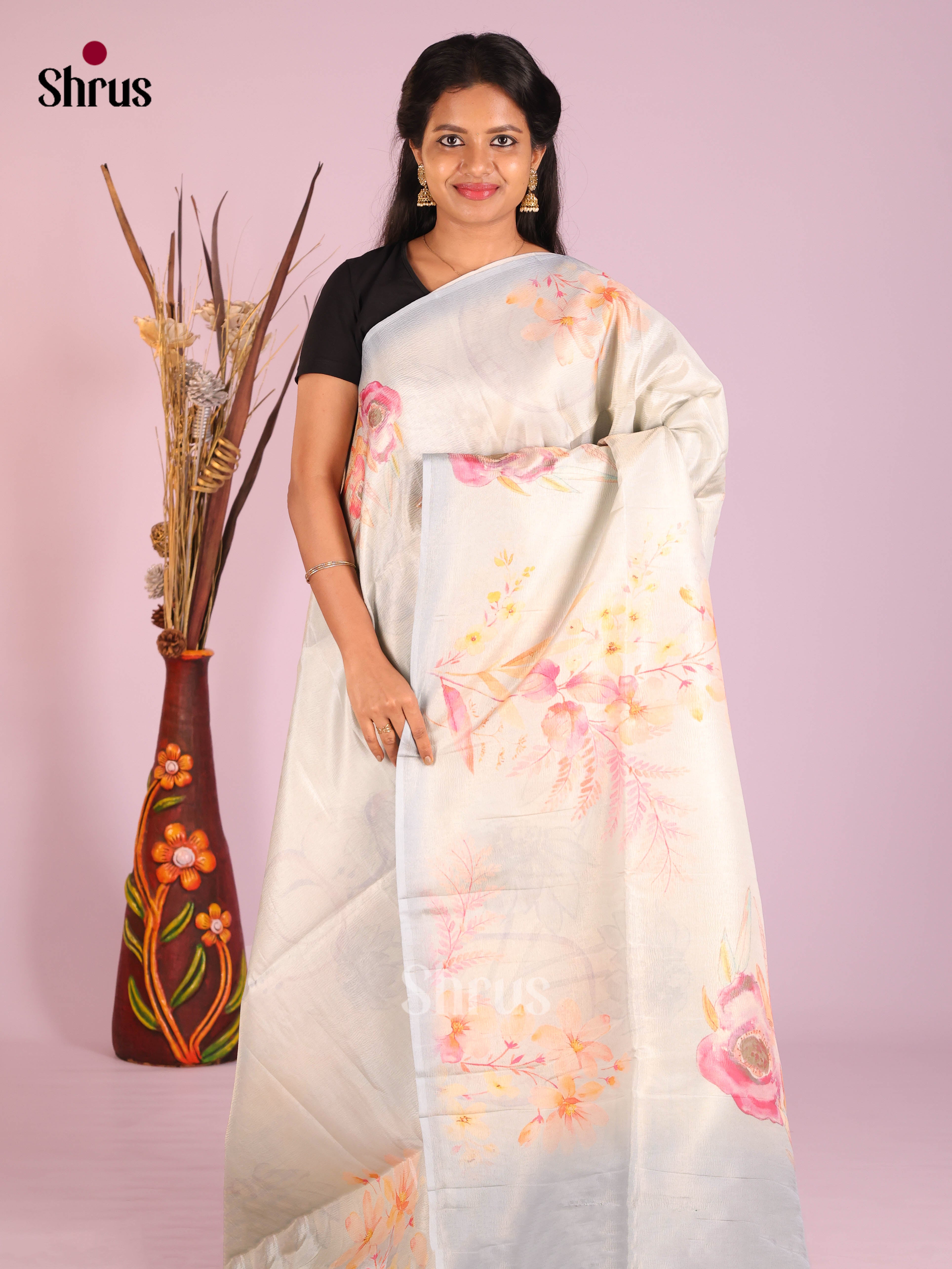 Cream & Blue - Bamboo silk Saree