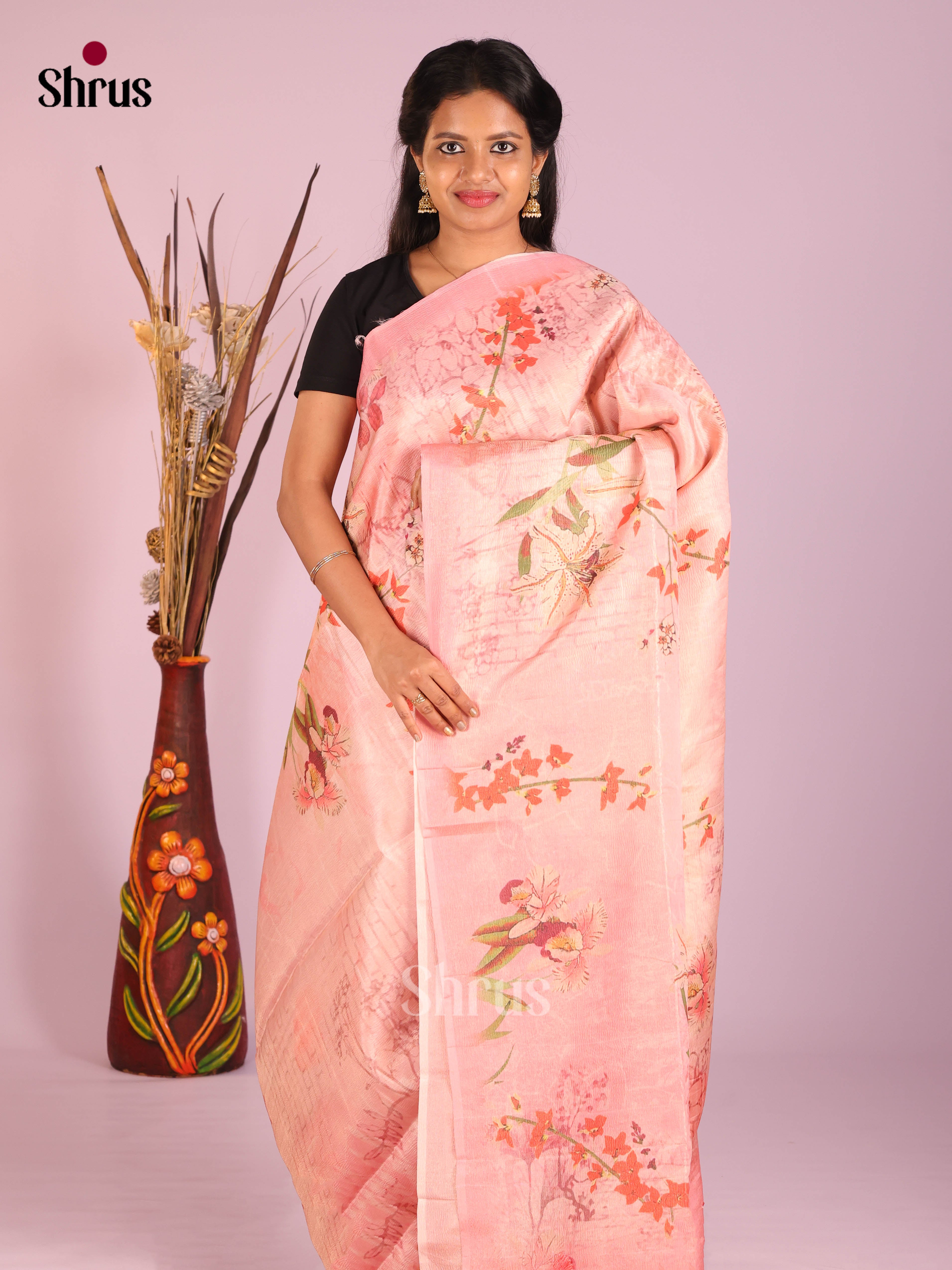 Peachish Pink - Bamboo silk Saree