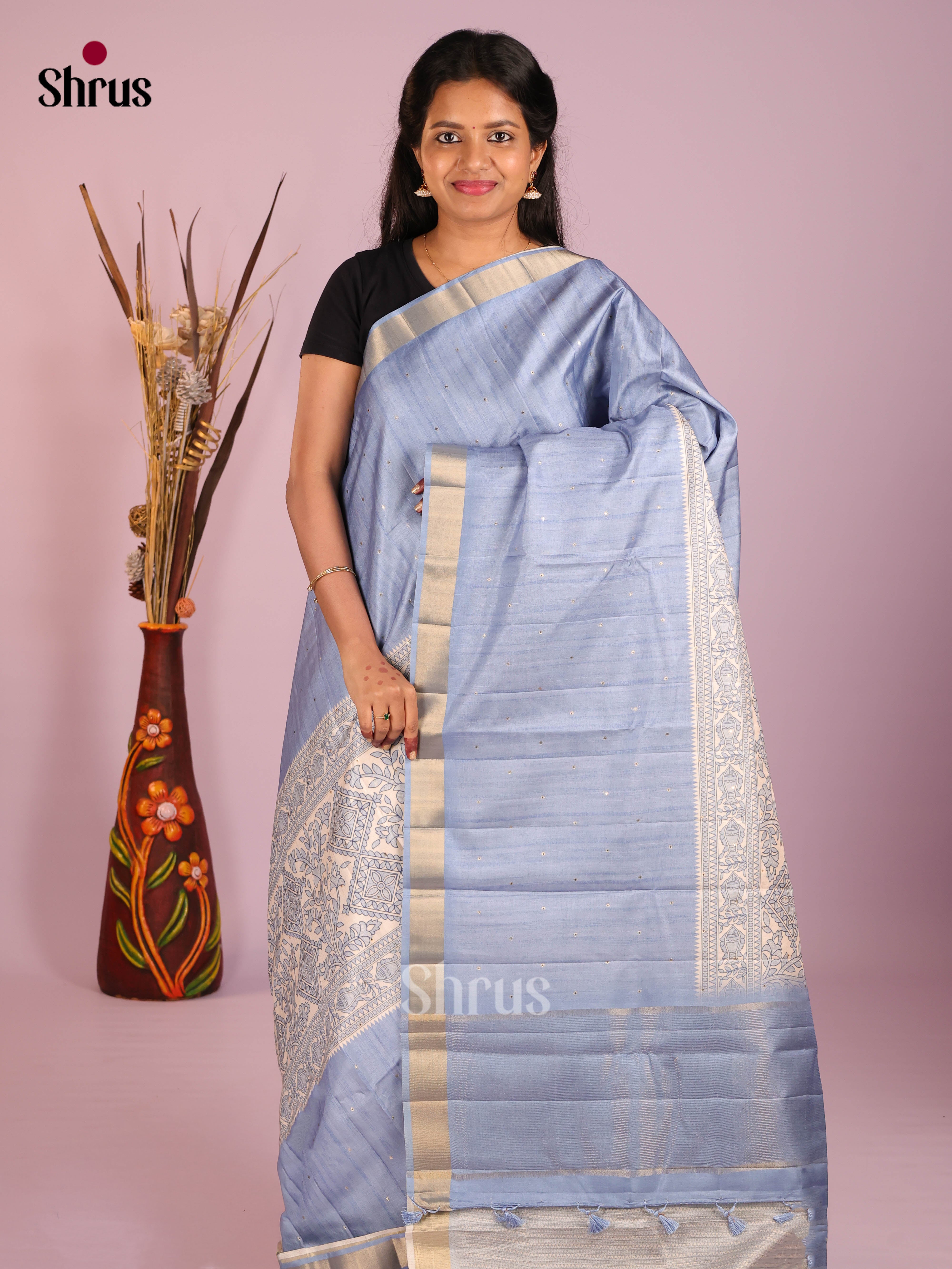 Blue & Cream - Moonga Silk Saree
