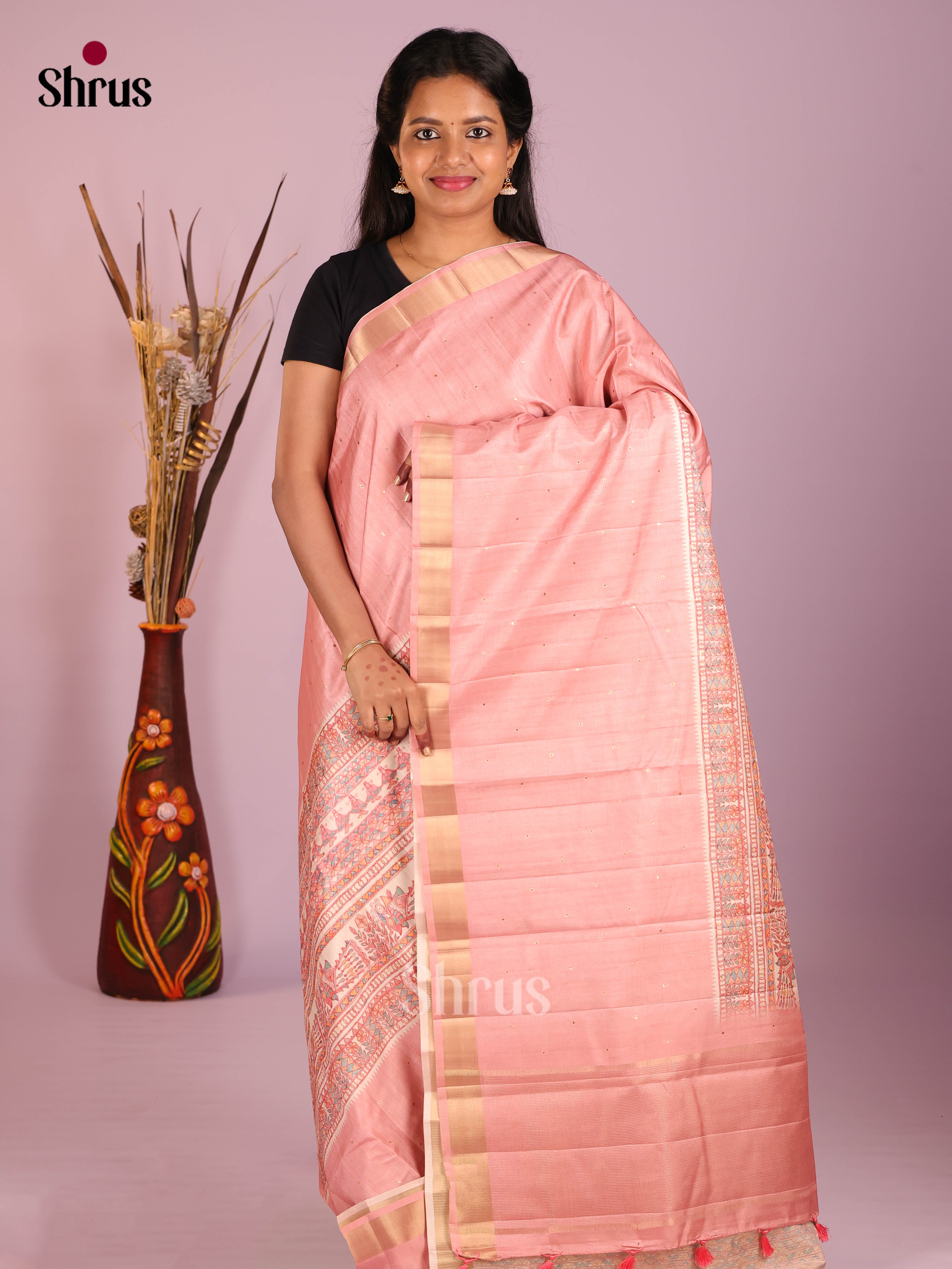 Pink & Cream- Moonga Silk Saree