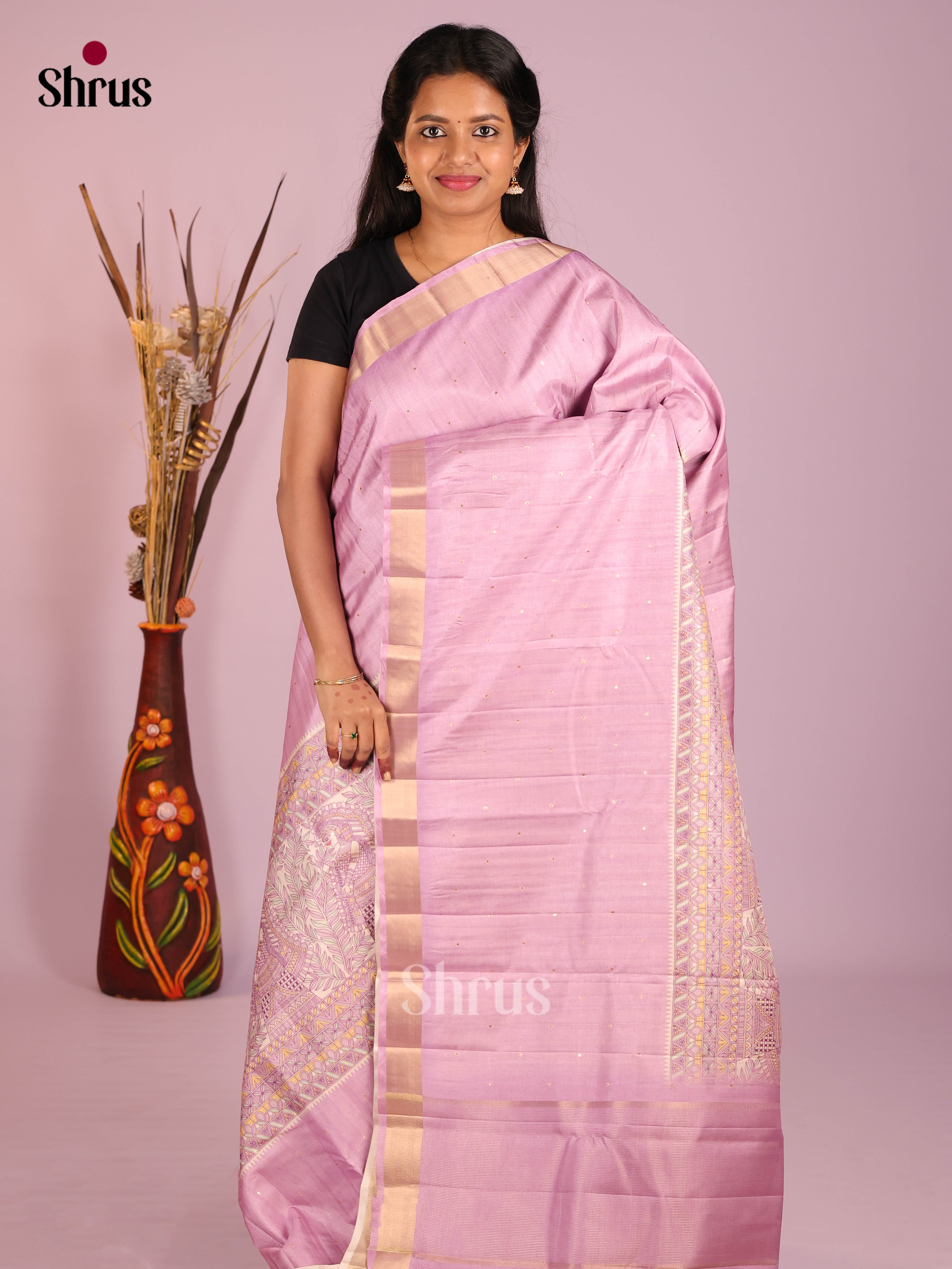 Cream & Lavender - Moonga Silk Saree