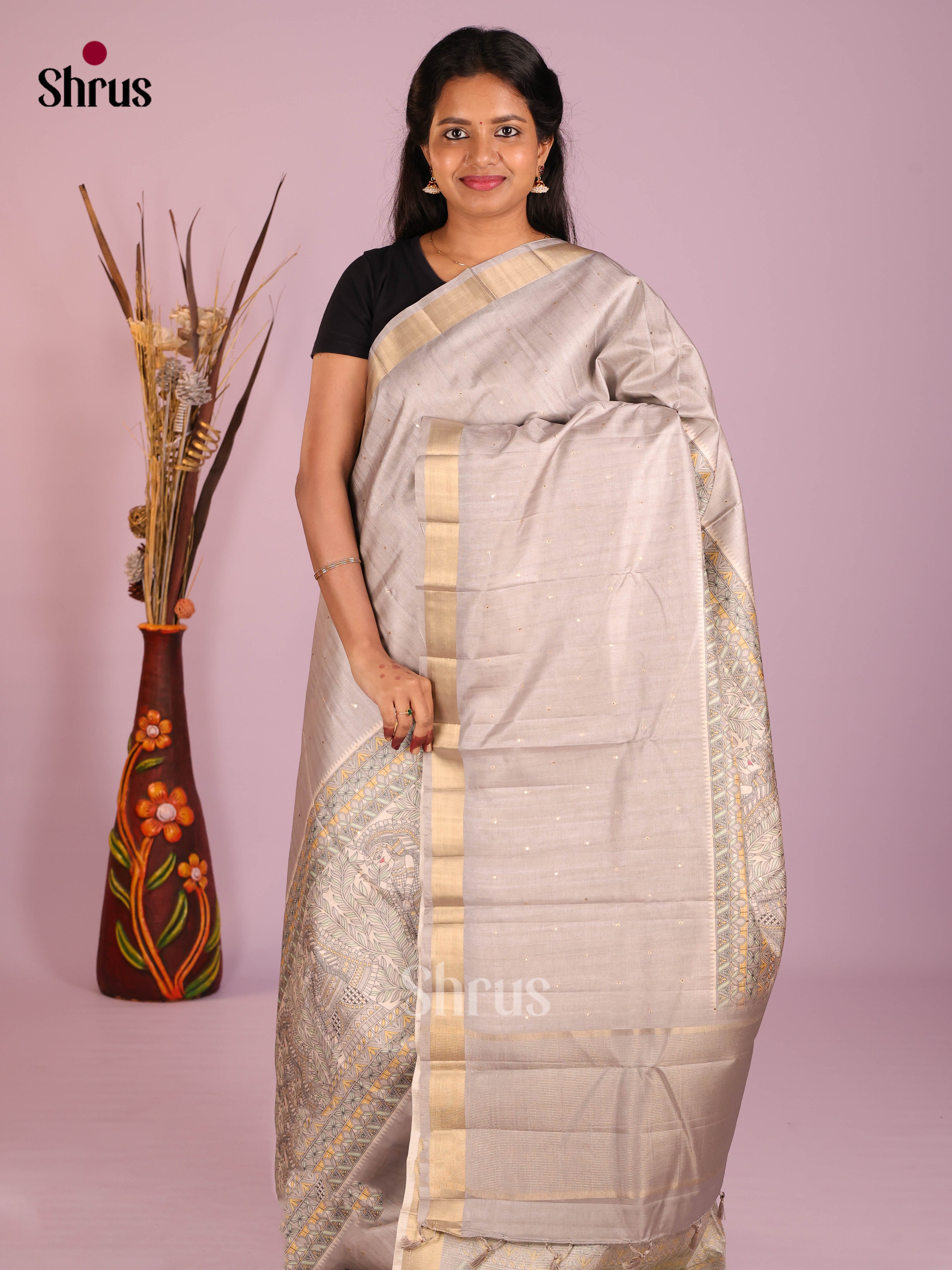 Cream & Grey - Moonga Silk Saree
