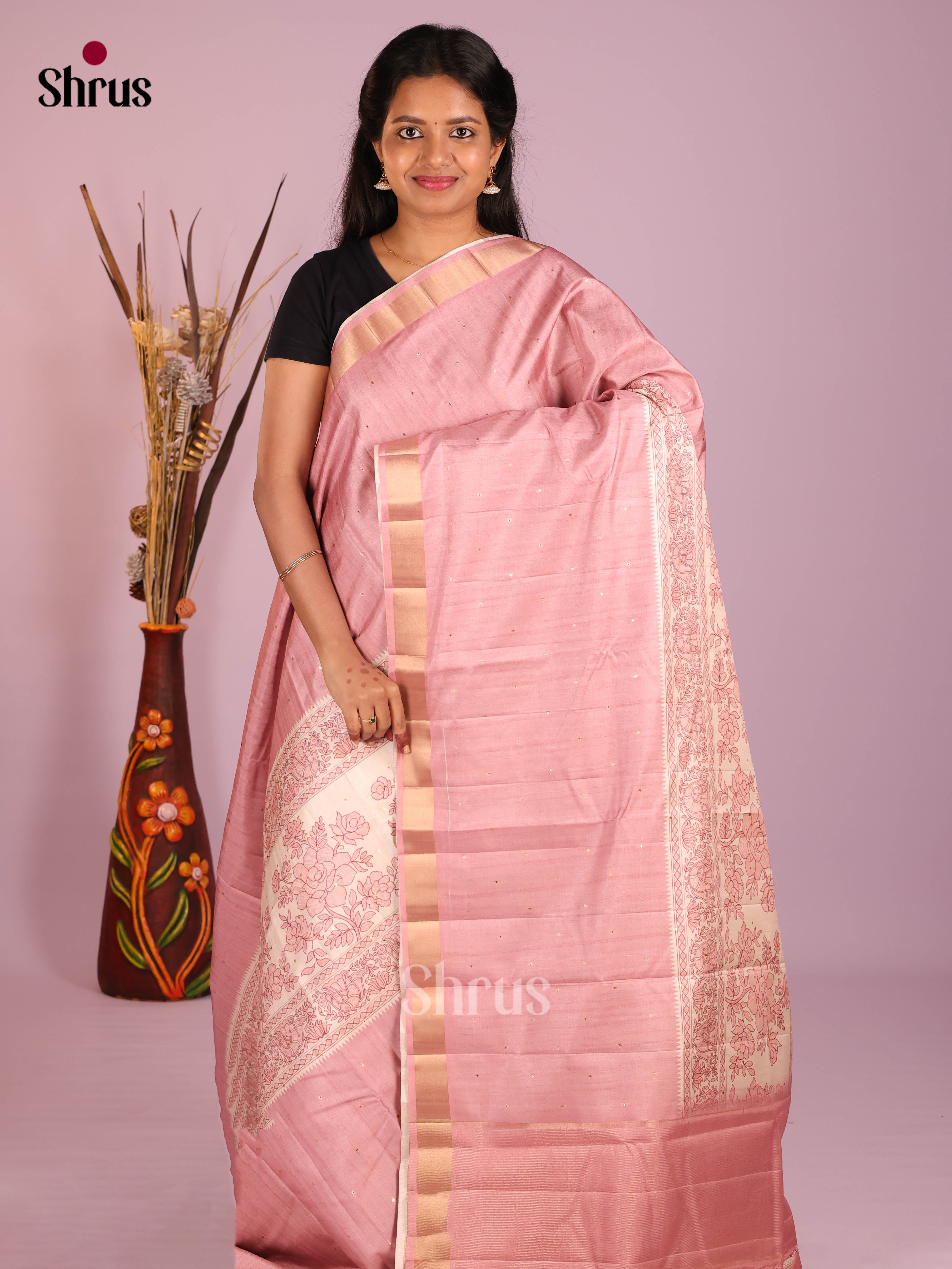 Cream & Pink - Moonga Silk Saree