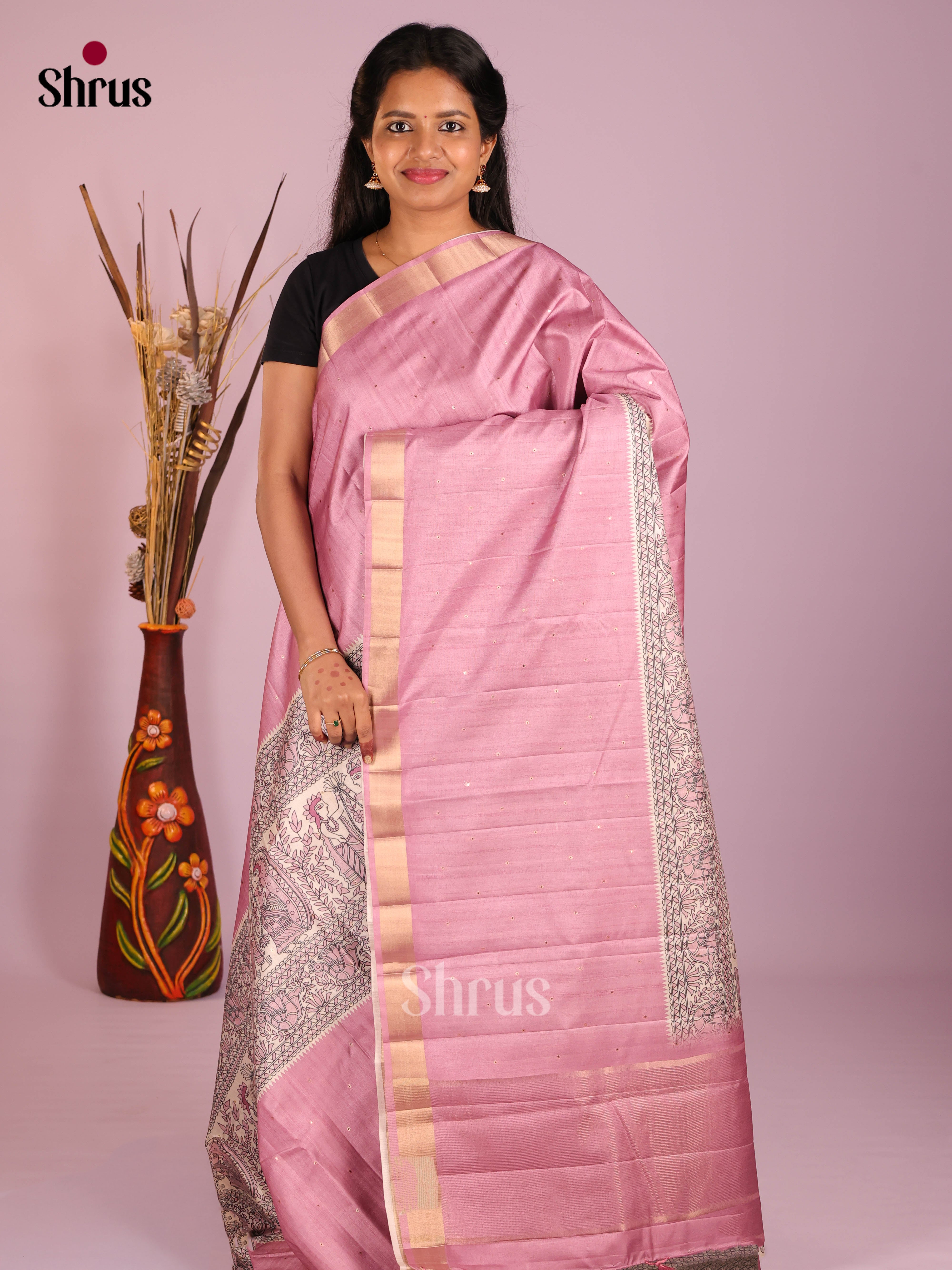 Cream & Purple - Moonga Silk Saree