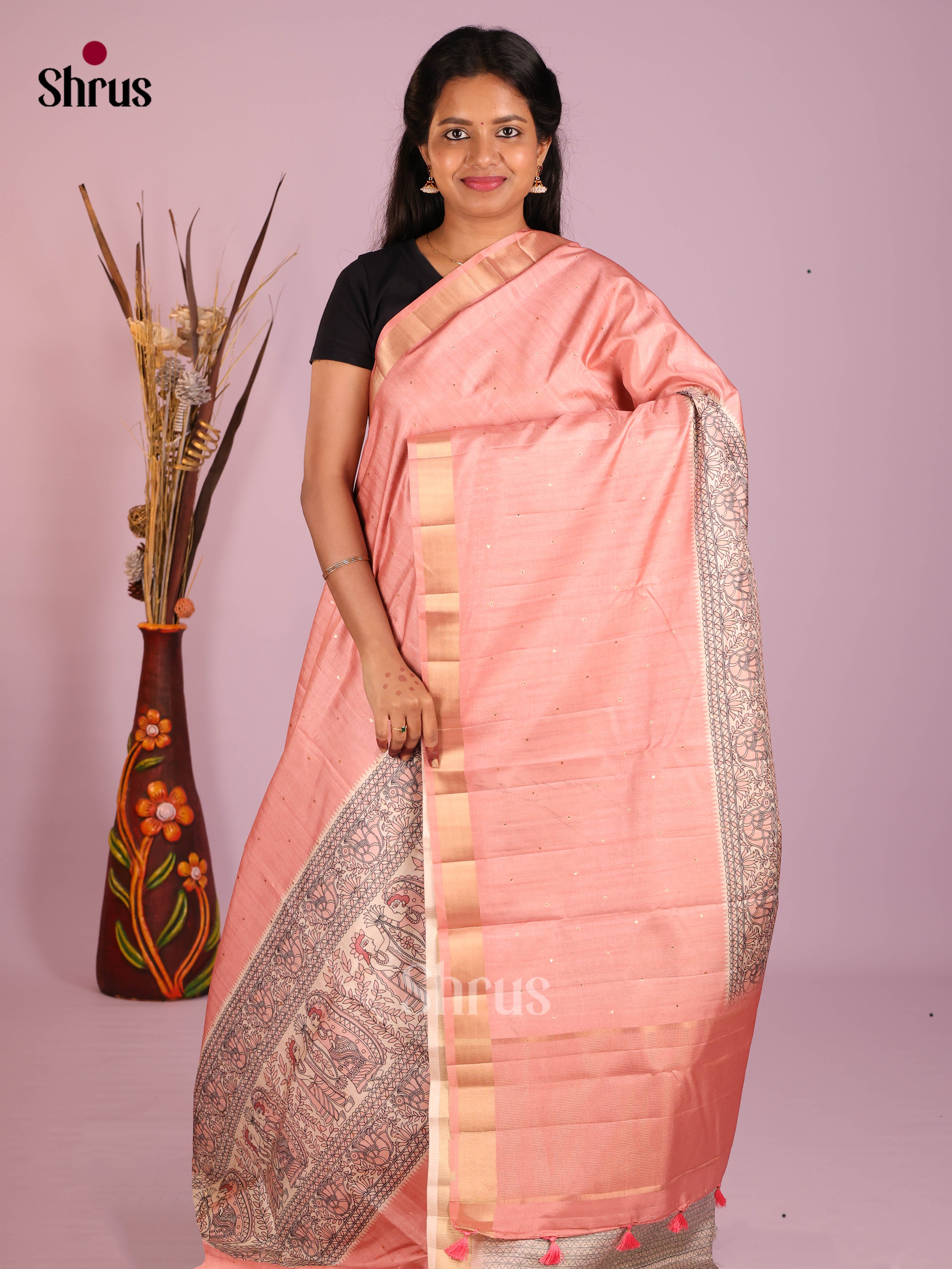 Cream & Pink- Moonga Silk Saree