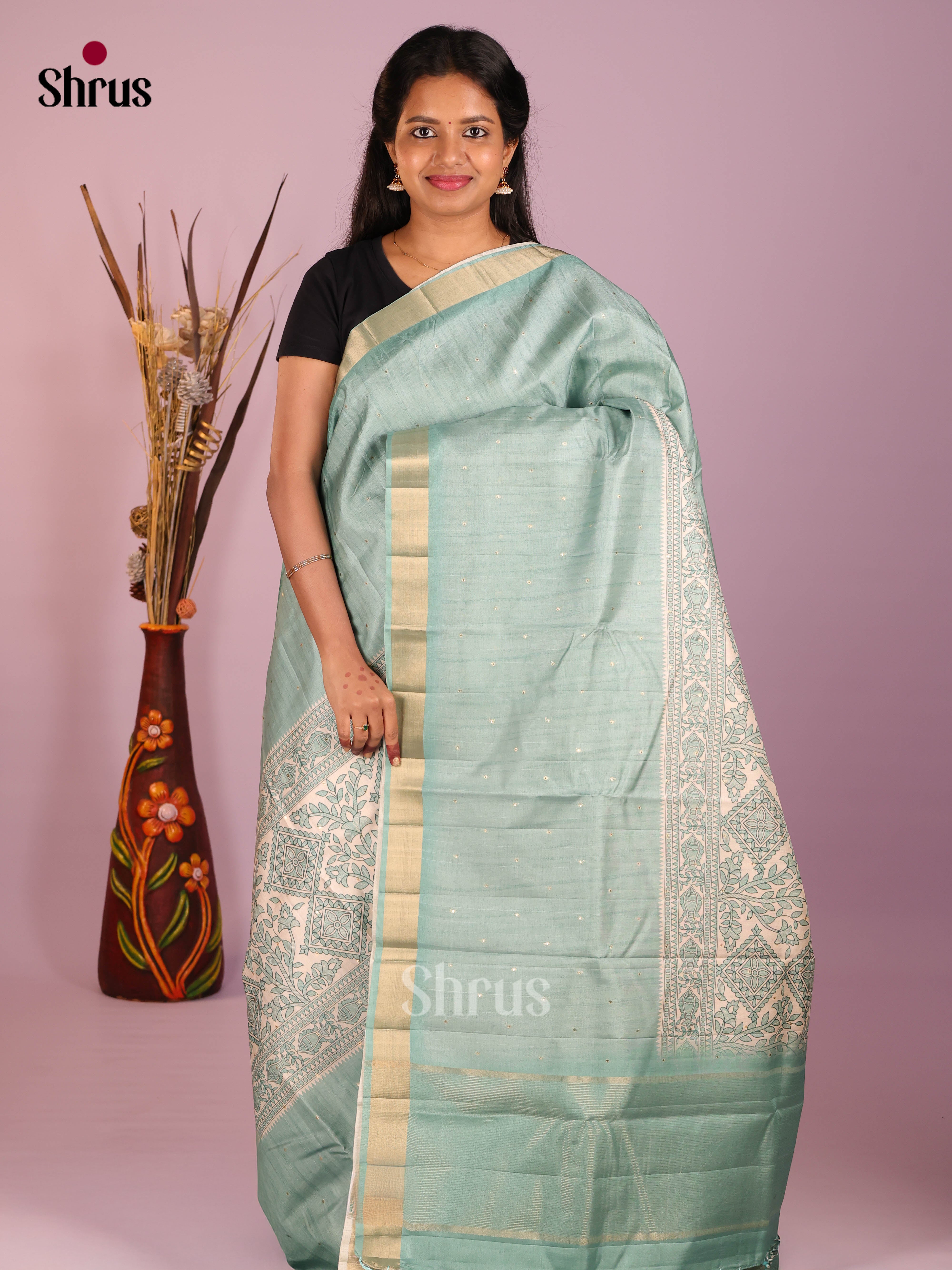 Cream & Blue - Moonga Silk Saree