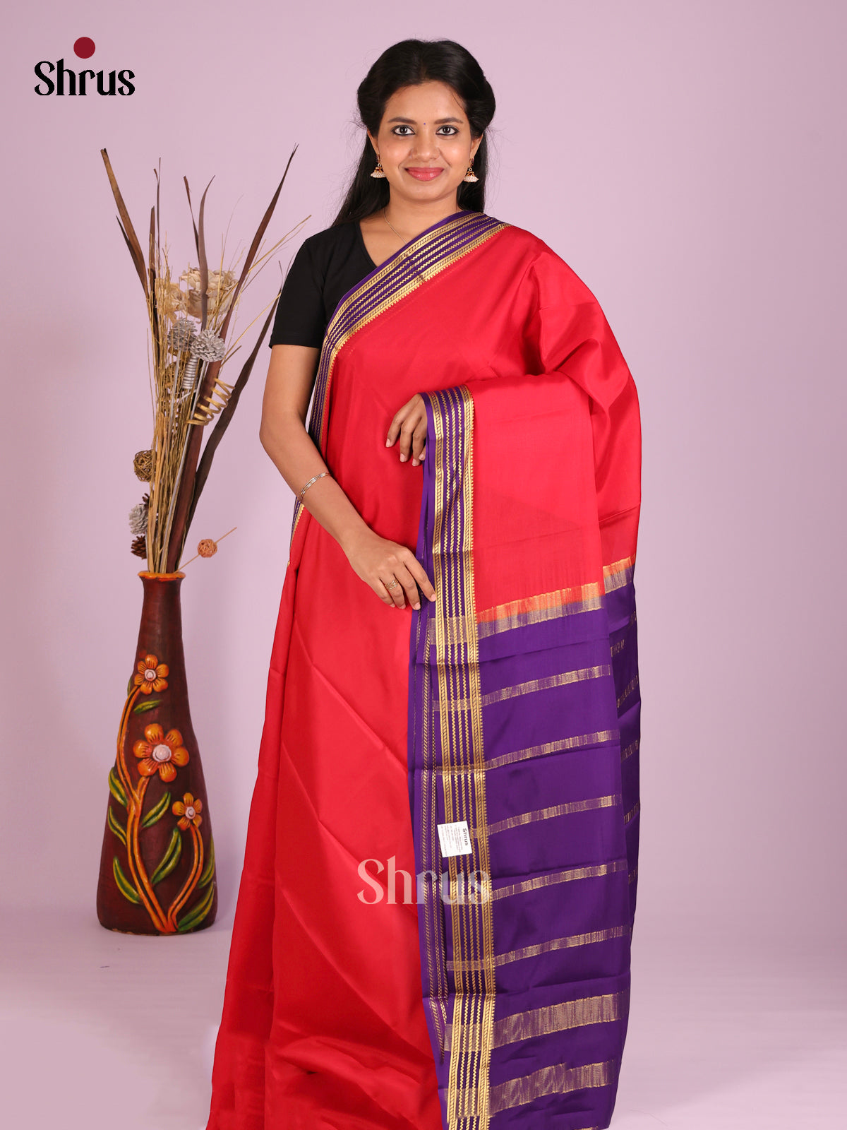 Pretty Red Mysore Silk Saree With Purple Zari Woven Striped Pallu