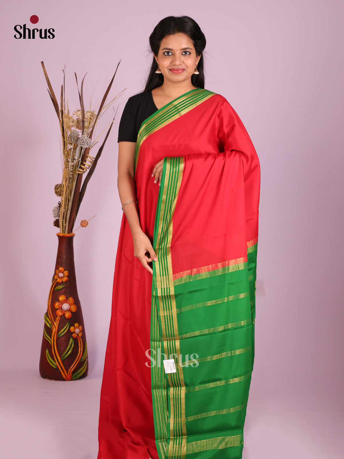 Exquisite Red Mysore Silk Saree With Green Zari Woven Pallu