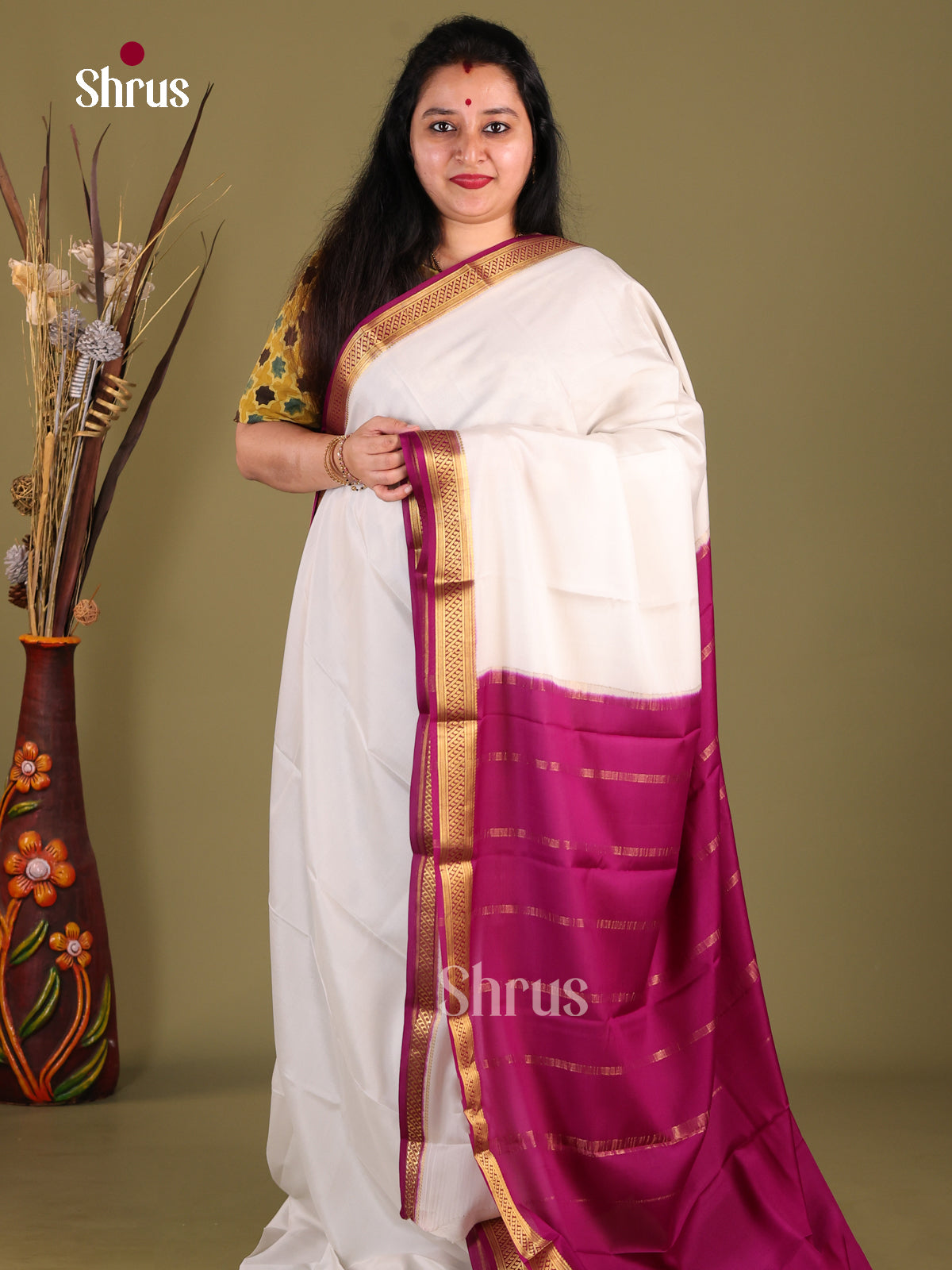 Cream & Purple - Mysore Silk Saree - Shop on Shrus.com