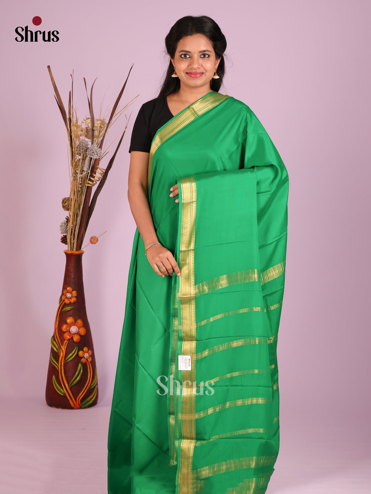 Serene Green Mysore Silk Saree With Zari Woven Striped Pallu