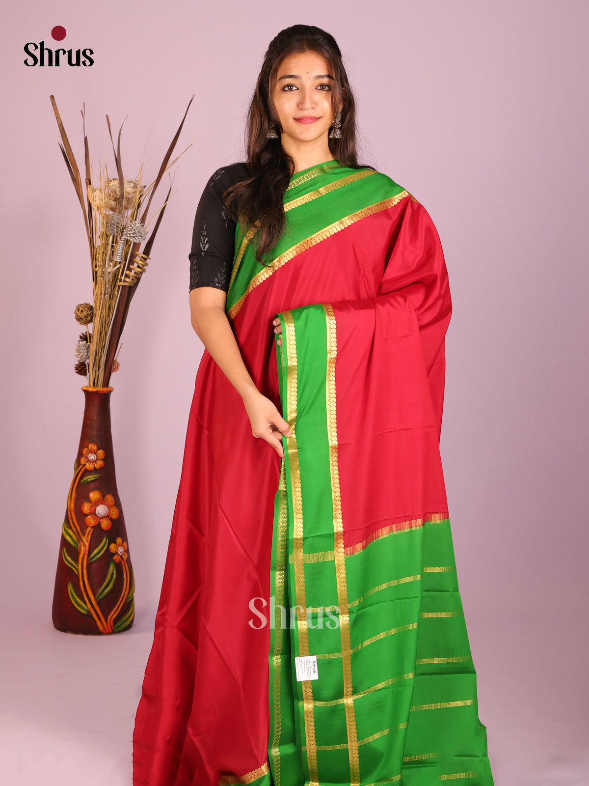 Graceful Red Mysore Silk Saree With Green Rettaipet Zari Border