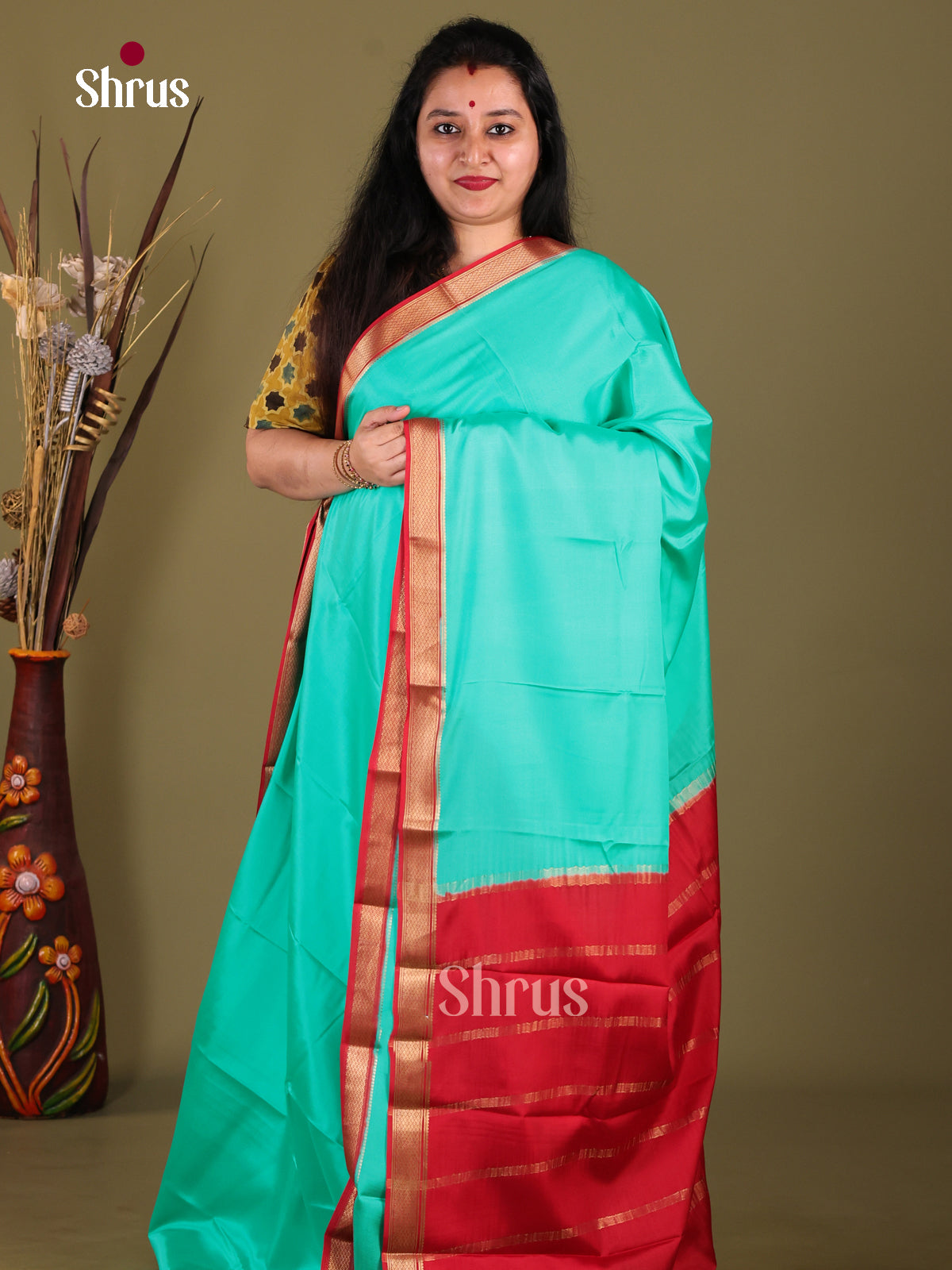 Teal & Red- Mysore Silk Saree - Shop on Shrus.com