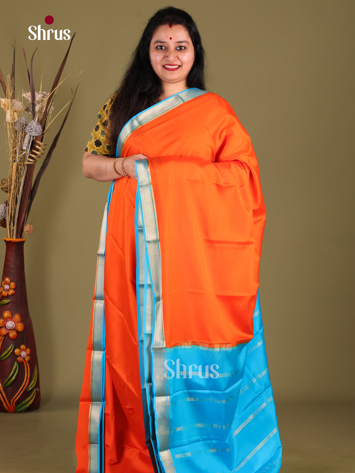 Orange & Blue - Mysore Silk Saree - Shop on Shrus.com