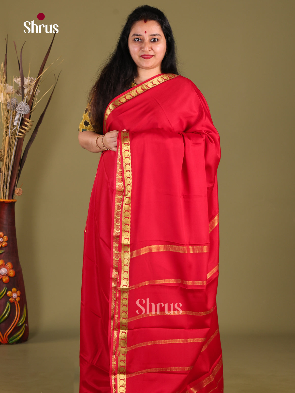 Red(single Tone) - Mysore Silk Saree - Shop on Shrus.com