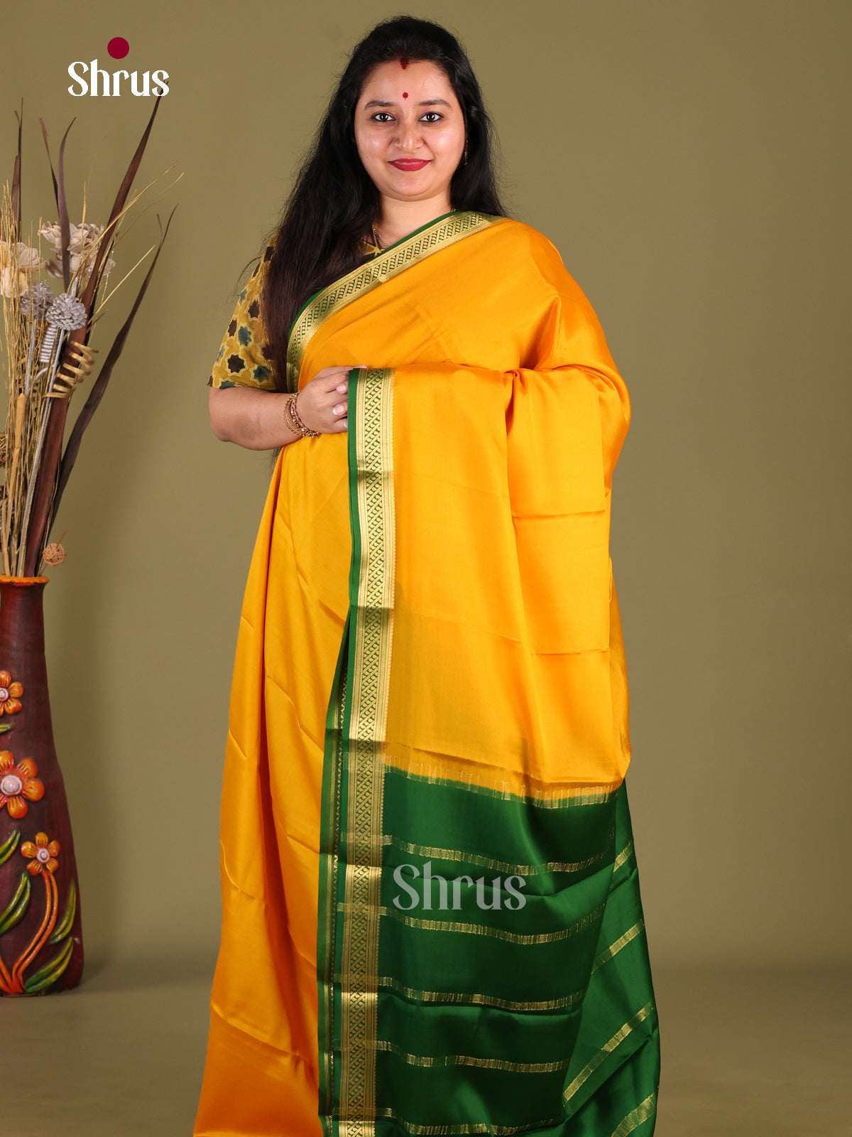 Yellow & Green- Mysore Silk Saree - Shop on Shrus.com