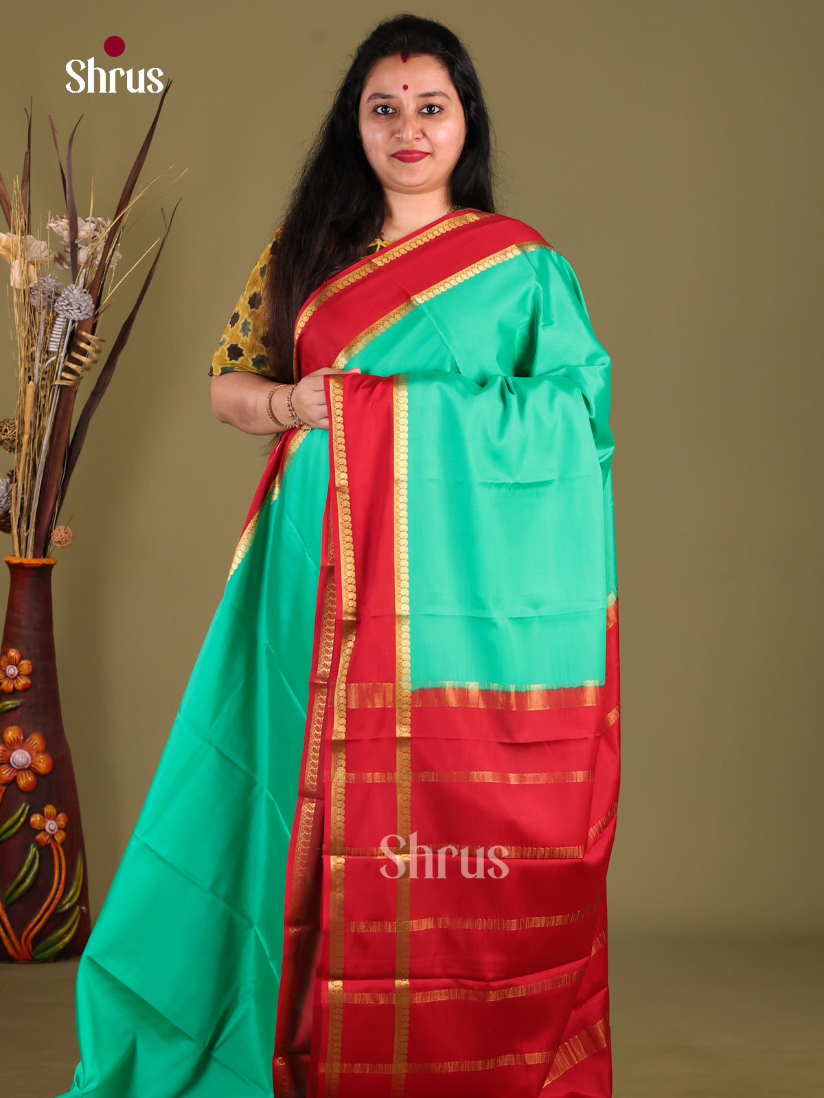 Pastel Green & Red - Mysore Silk Saree - Shop on Shrus.com
