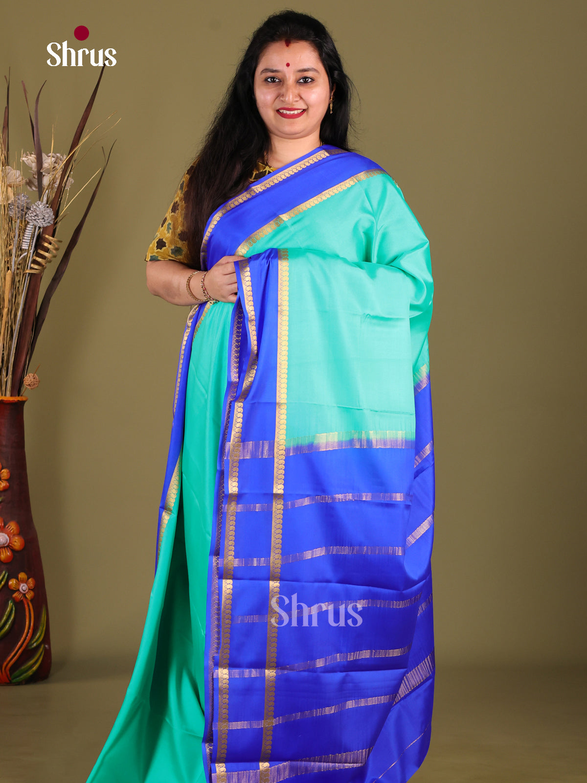 Teal Green & Blue - Mysore Silk Saree - Shop on Shrus.com