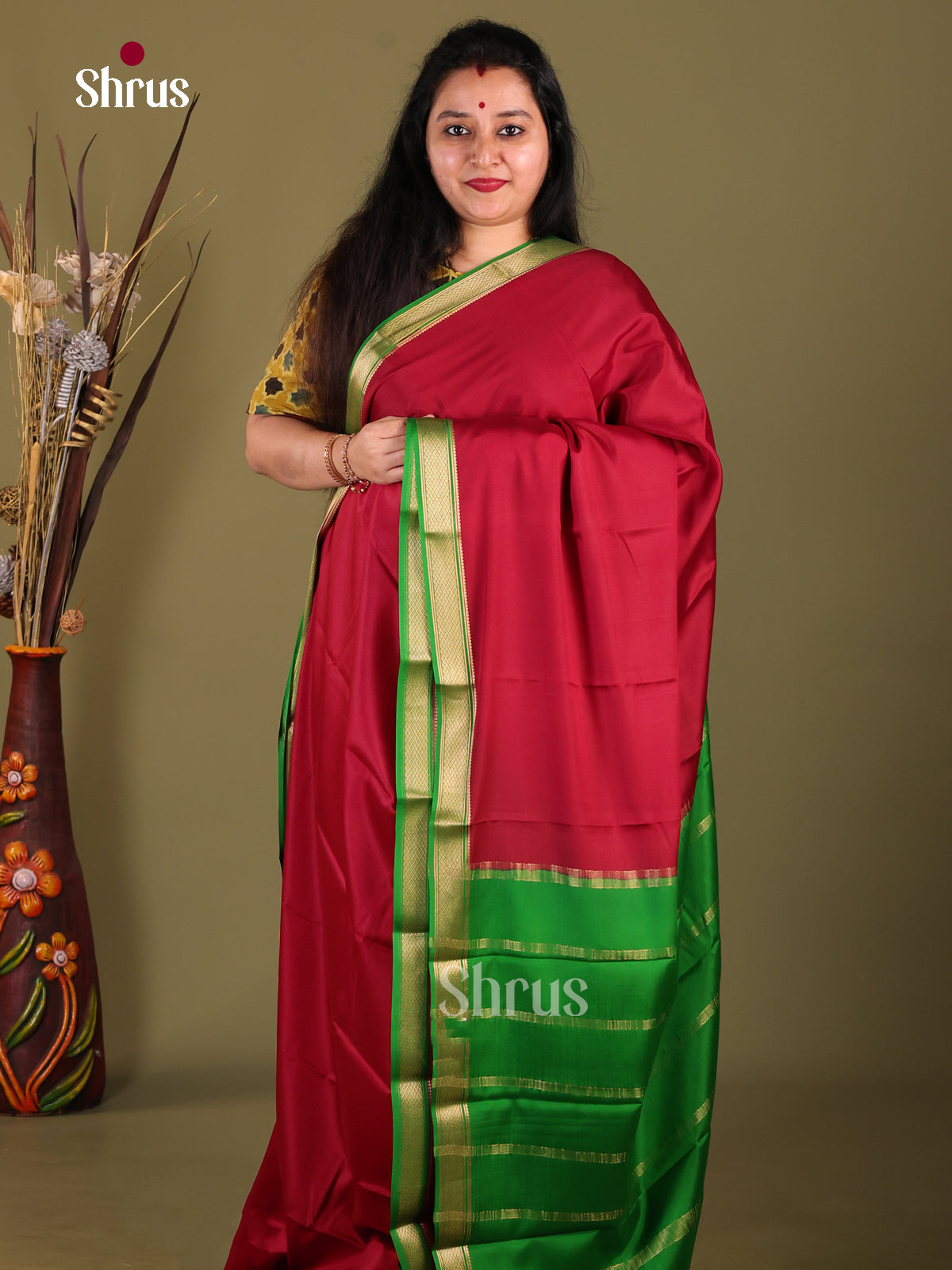 Maroon & Green - Mysore Silk Saree - Shop on Shrus.com