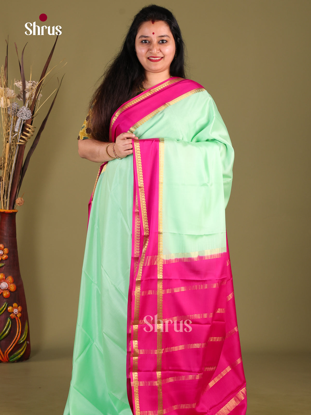 Pista Green & Majenta - Mysore Silk Saree - Shop on Shrus.com