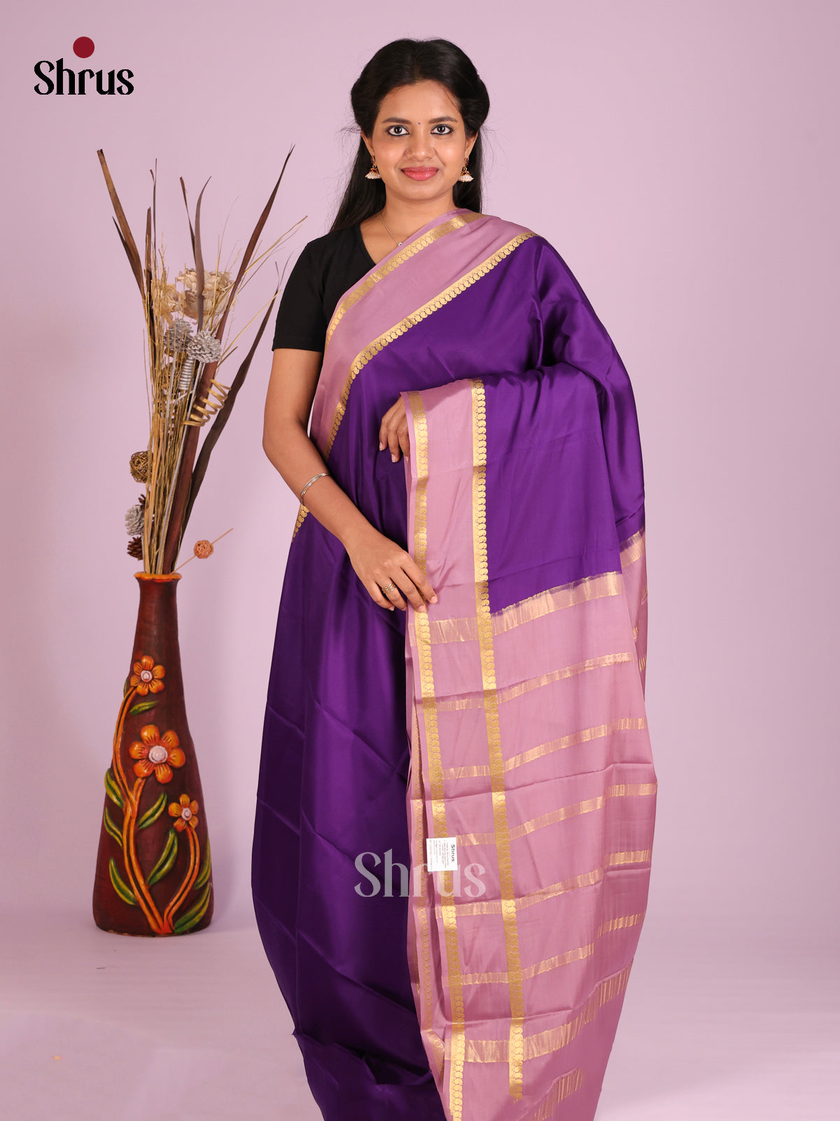 Stunning Violet Mysore Silk Saree With Light Pink Rettaipet Zari Border