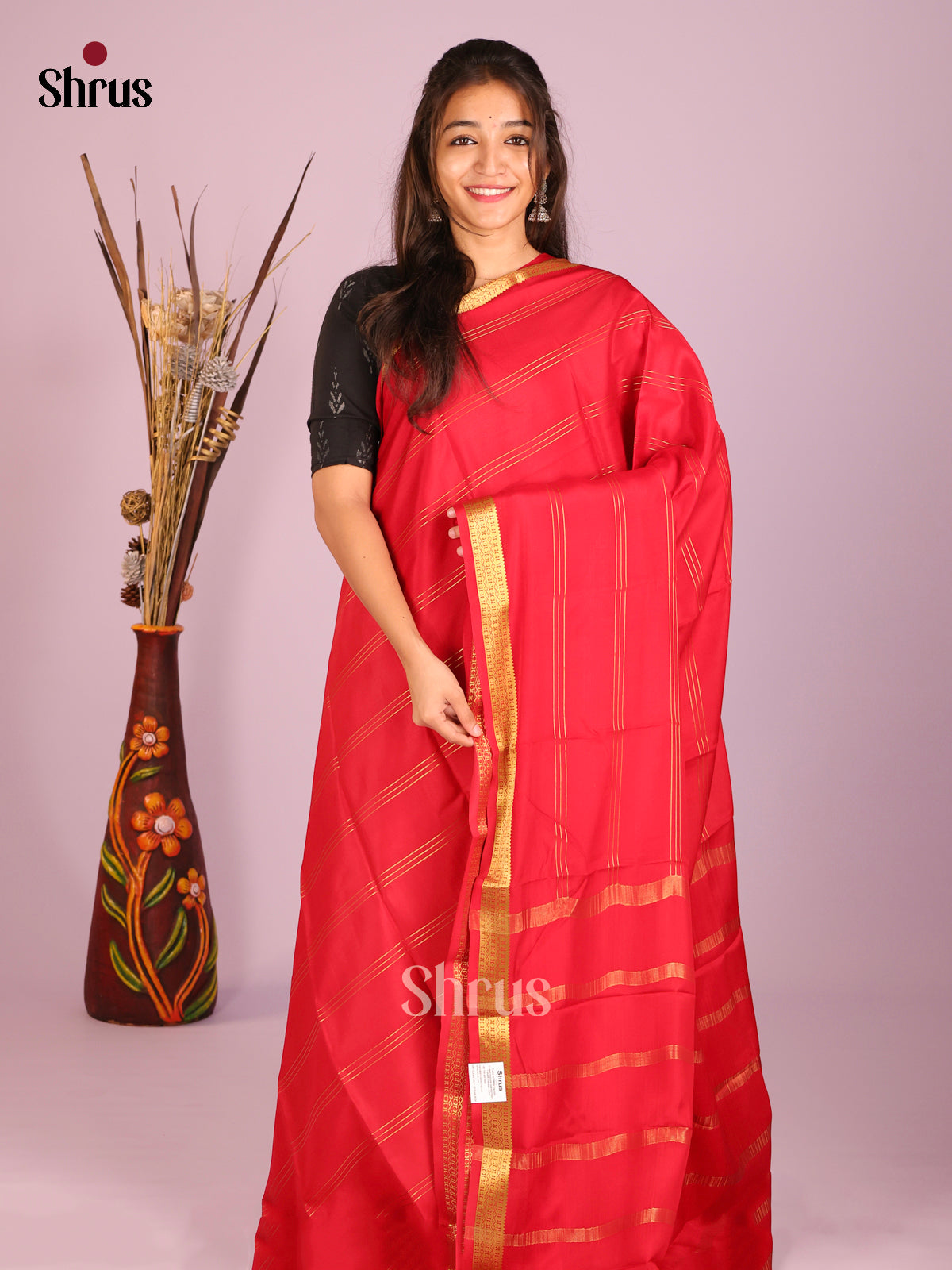 Sheeny Red Mysore Silk Saree With Zari Woven Stripes & Traditional Self Pallu