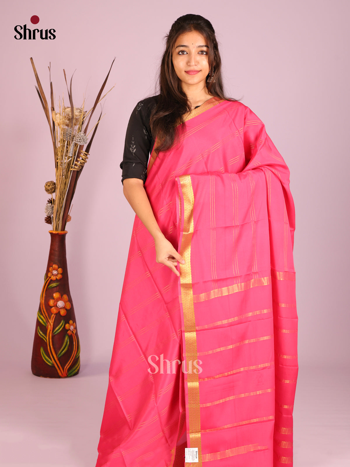 Stunning Pink Mysore Silk Saree With Zari Woven Stripes & Traditional Self Pallu