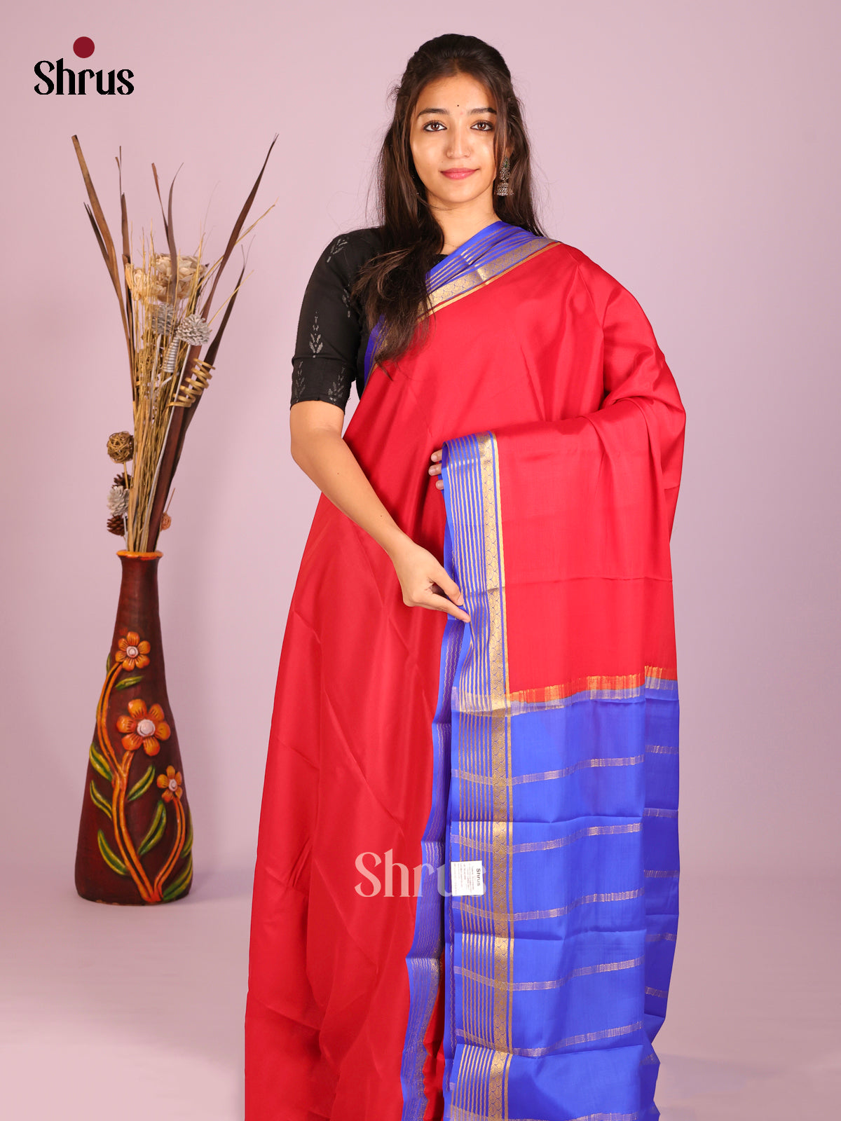 Regal Red Mysore Silk Saree With Royal Blue Zari Stripes Border