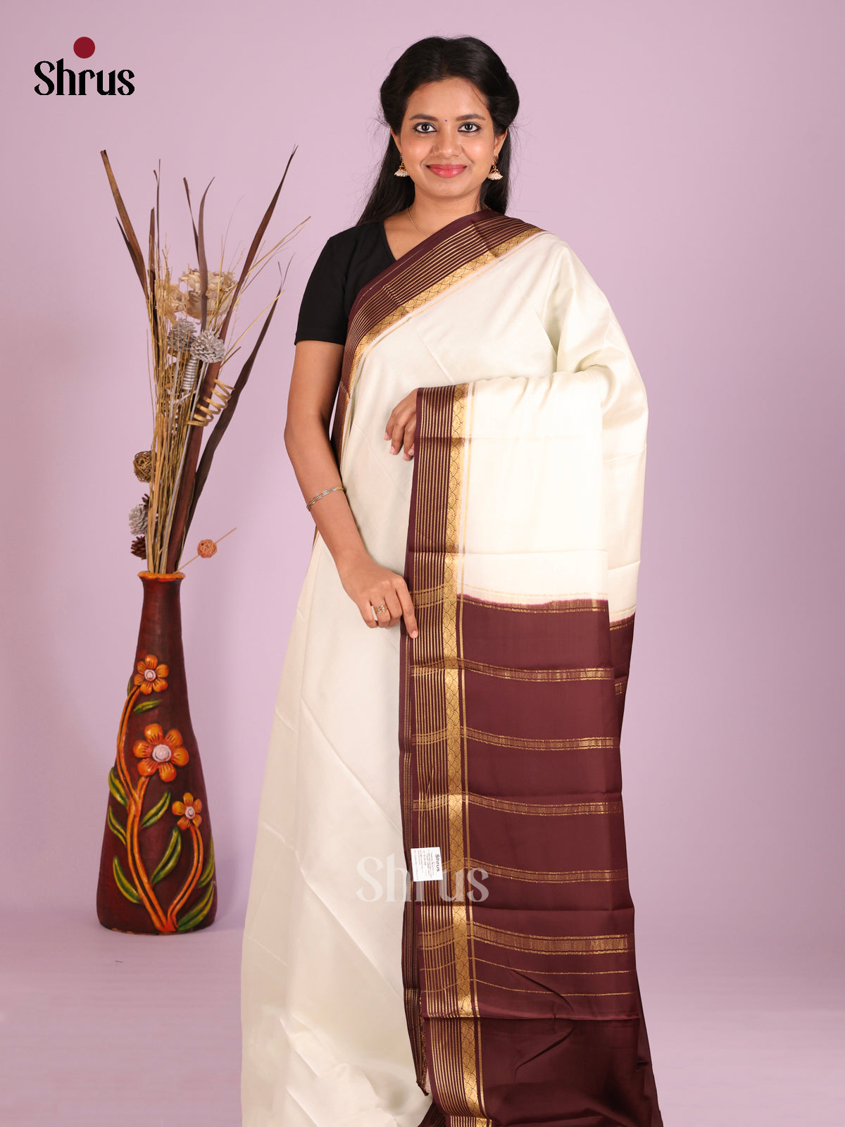 Cream & Brown - Mysore Silk Saree