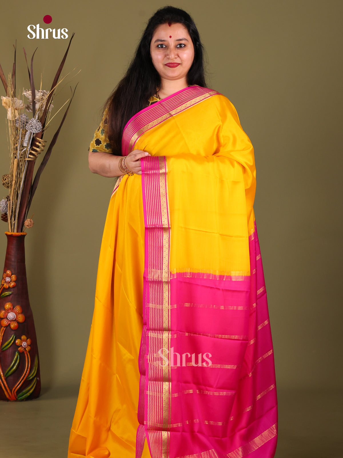 Yellow & Pink - Mysore Silk Saree - Shop on Shrus.com