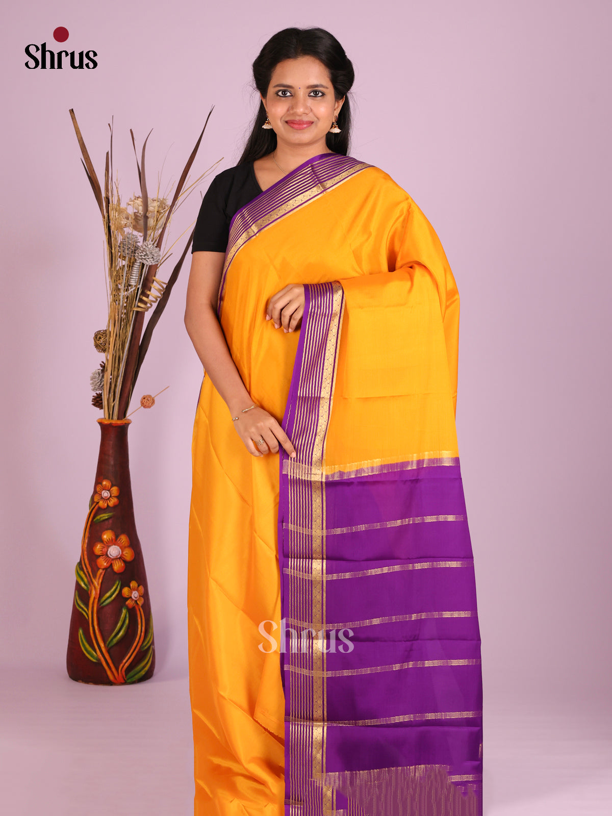 Mango Yellow & Purple - Mysore Silk Saree - Shop on Shrus.com