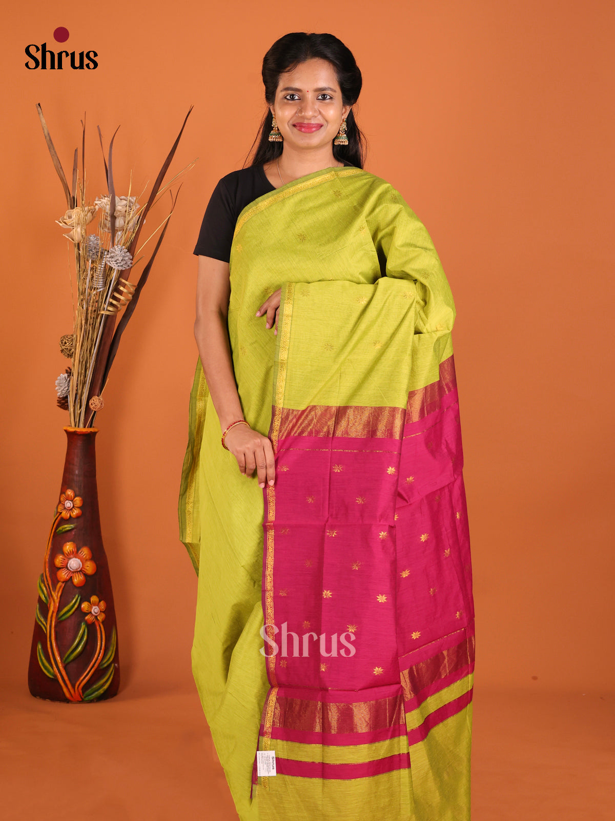 Light Green & Maroon- Semi Maheshwari Saree - Shop on Shrus.com