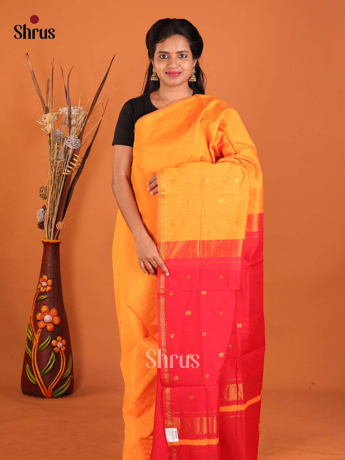 Mambazha Yellow & Red - Semi Maheshwari Saree - Shop on Shrus.com