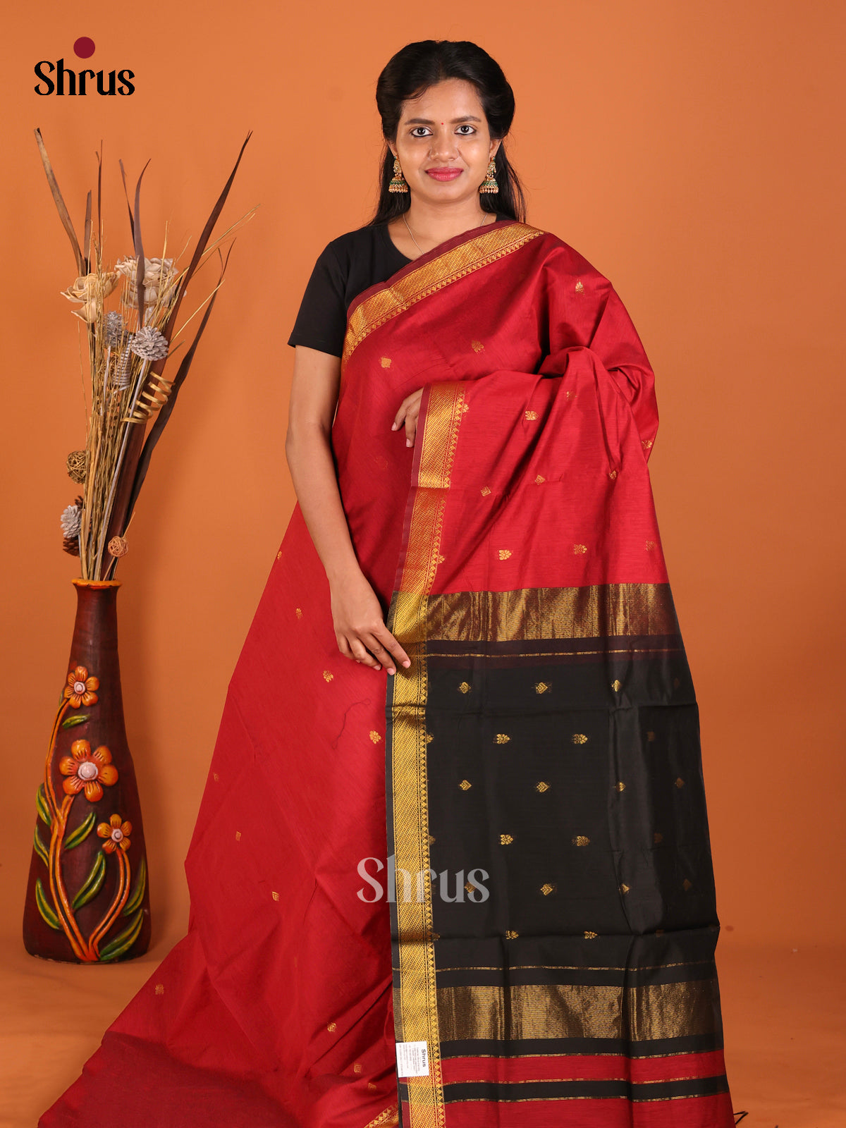 Red & Black - Semi Maheshwari Saree - Shop on Shrus.com