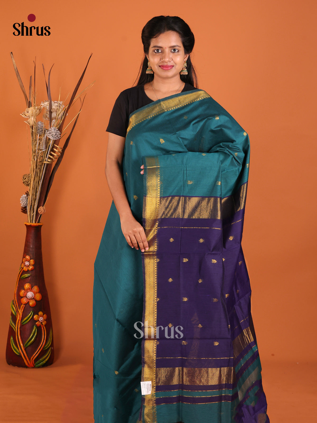 Peacock Blue & Violet - Semi Maheshwari Saree - Shop on Shrus.com