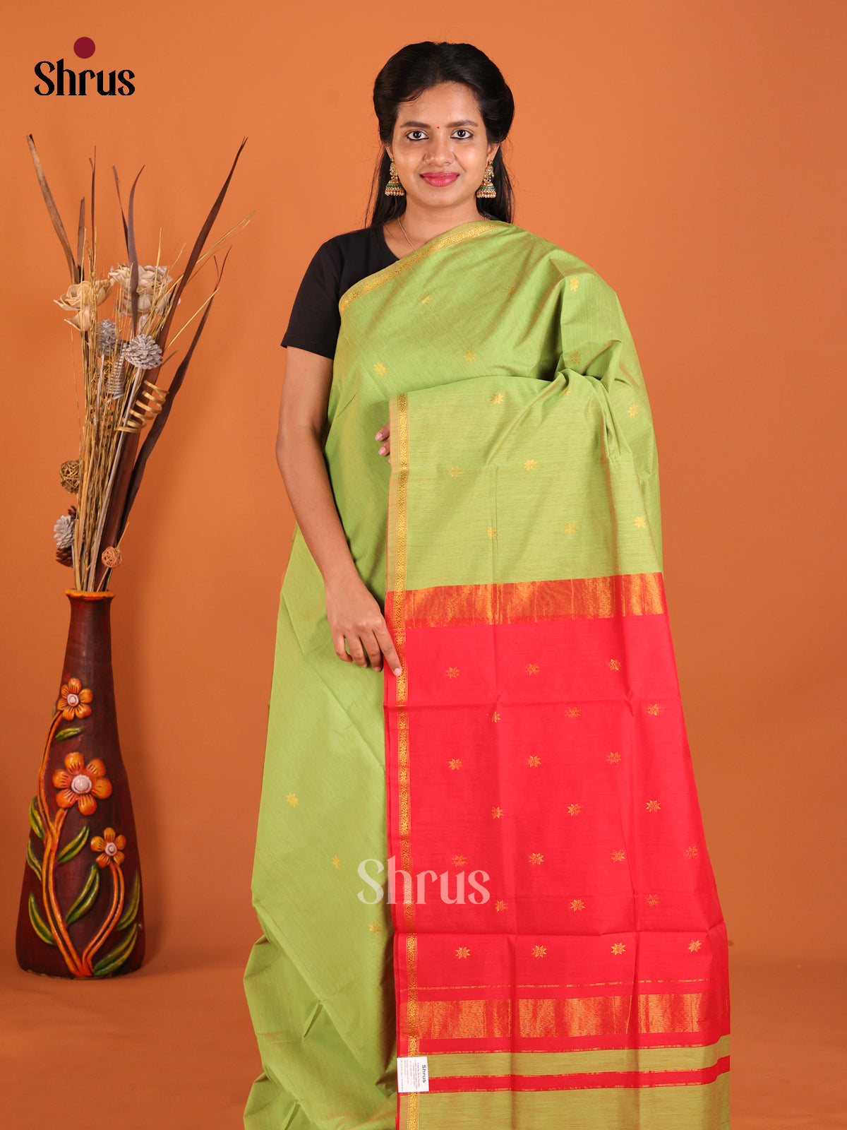 Light Green & Red- Semi Maheshwari Saree