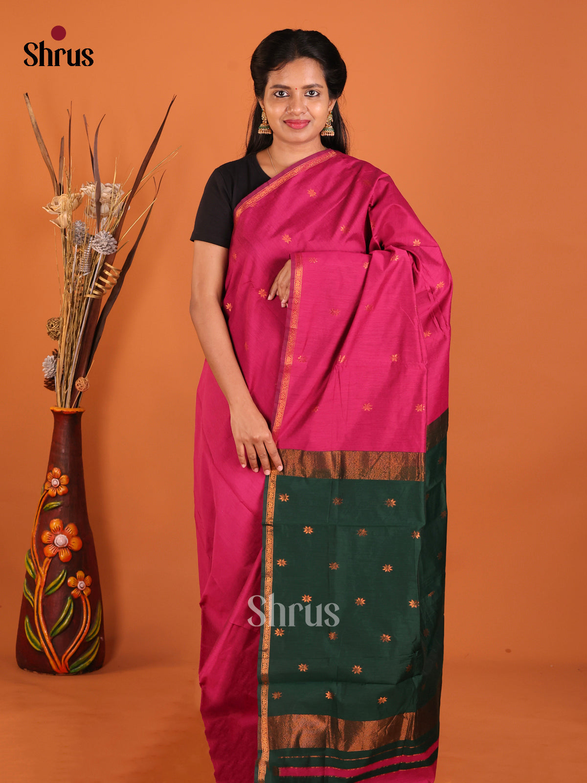 Pink & Green - Semi Maheshwari Saree - Shop on Shrus.com