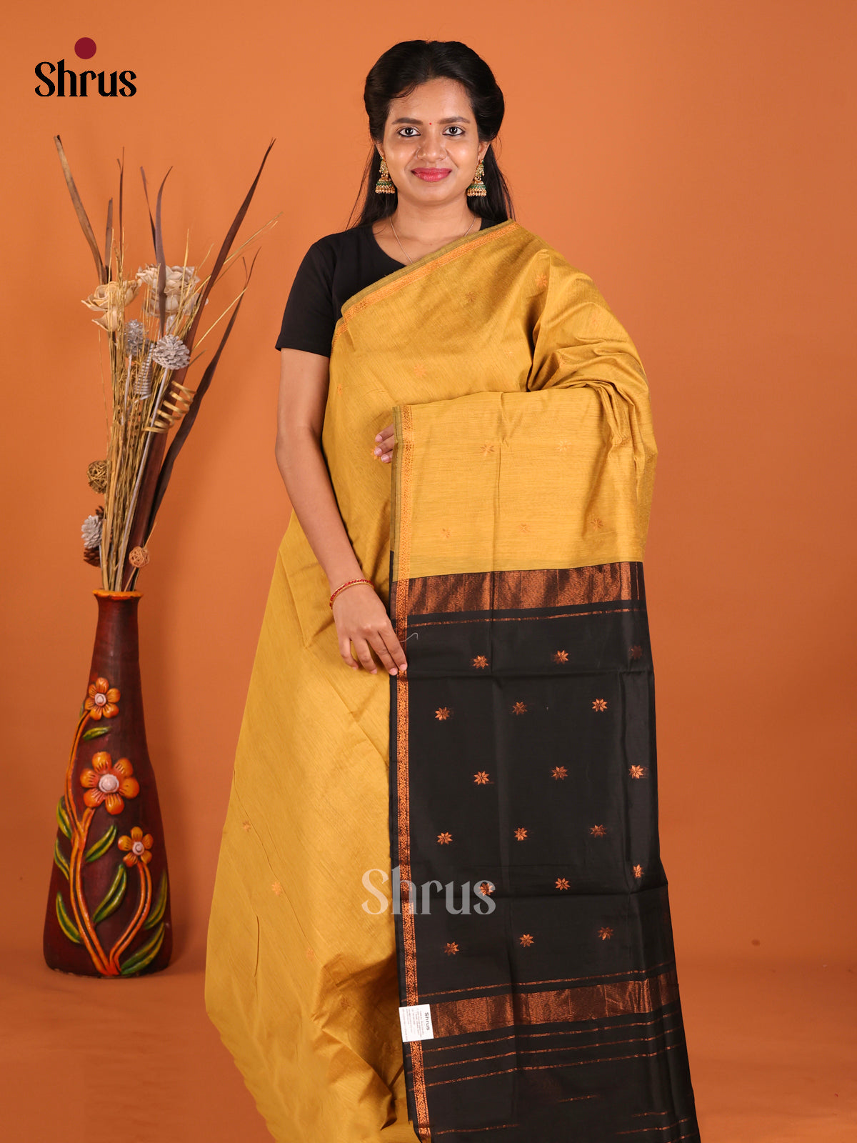 Mustard & Black- Semi Maheshwari Saree - Shop on Shrus.com