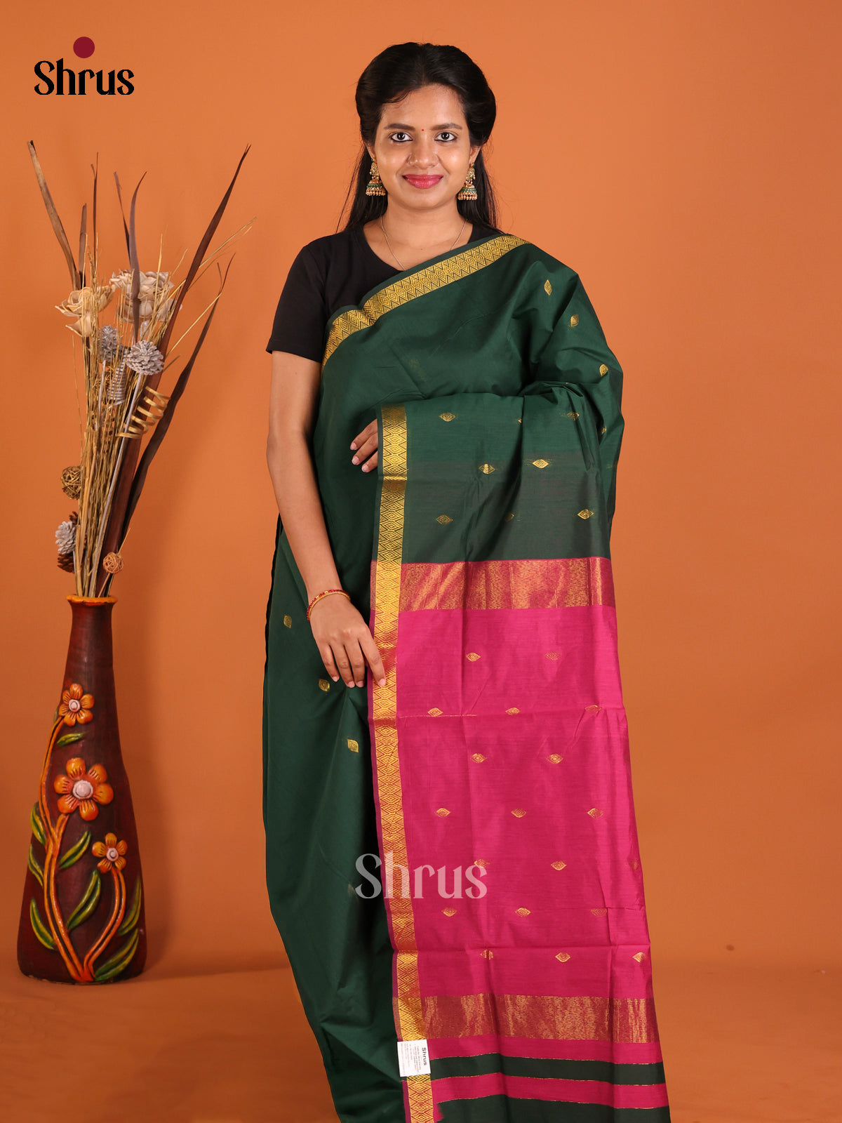 Green & Pink- Semi Maheshwari Saree - Shop on Shrus.com