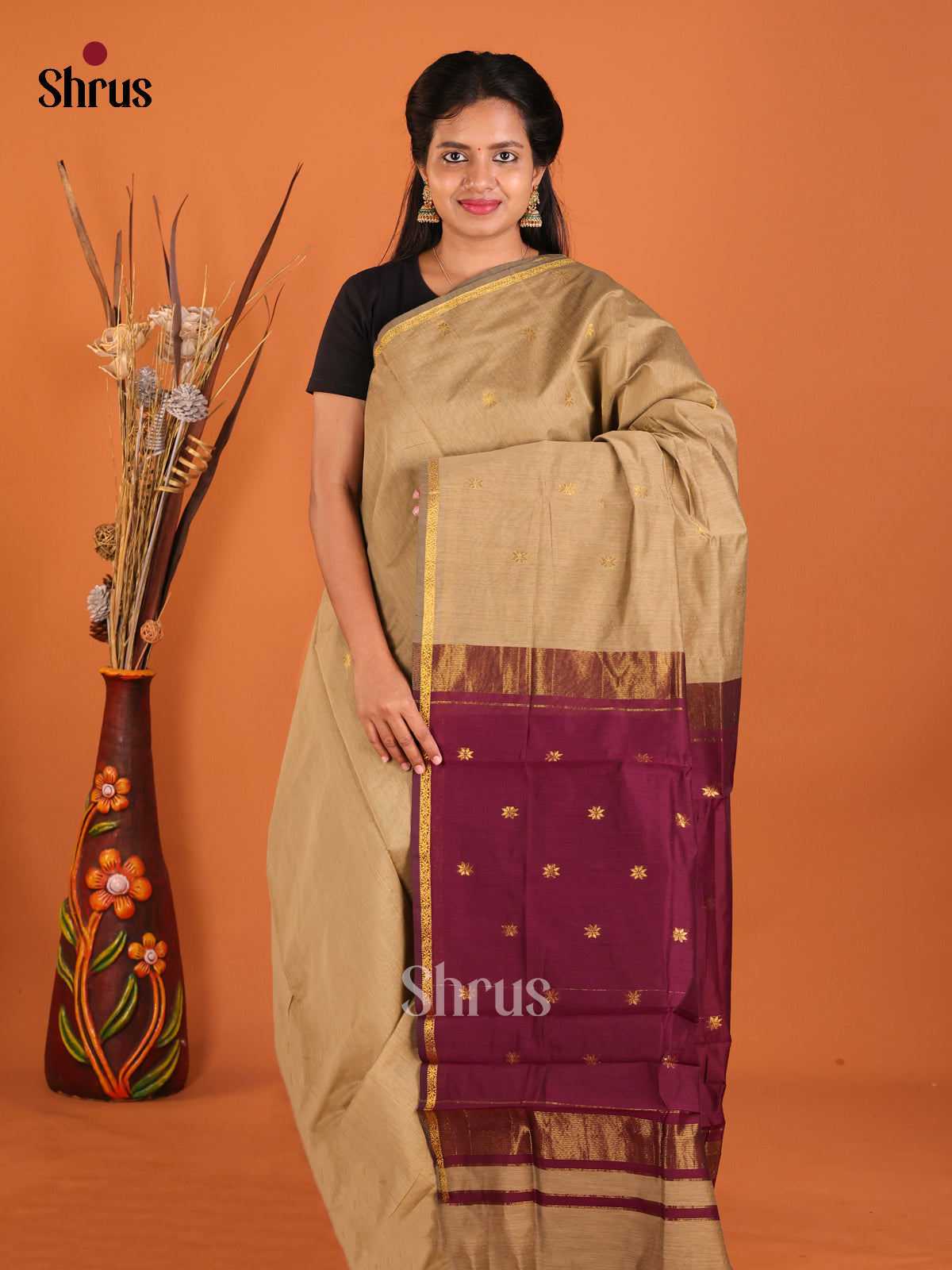 Grey & Maroon - Semi Maheshwari Saree - Shop on Shrus.com