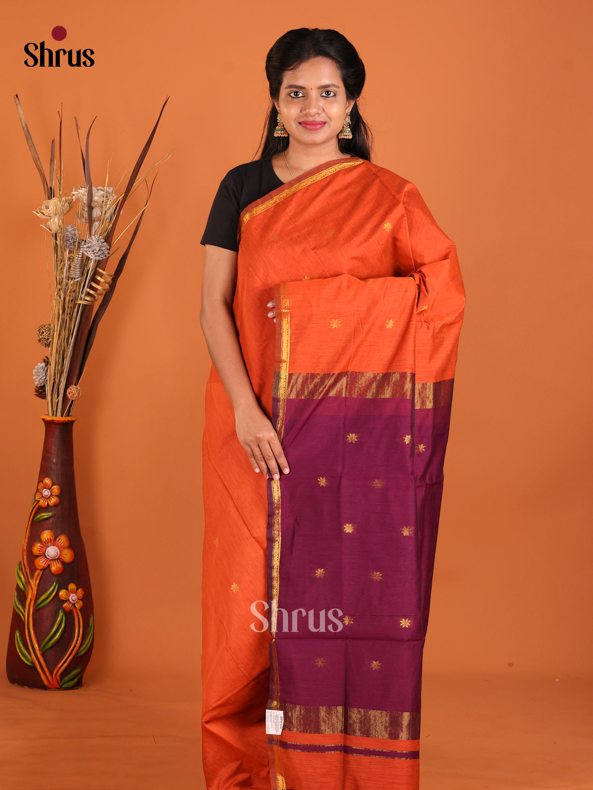 Orange & Purple - Semi Maheshwari Saree - Shop on Shrus.com