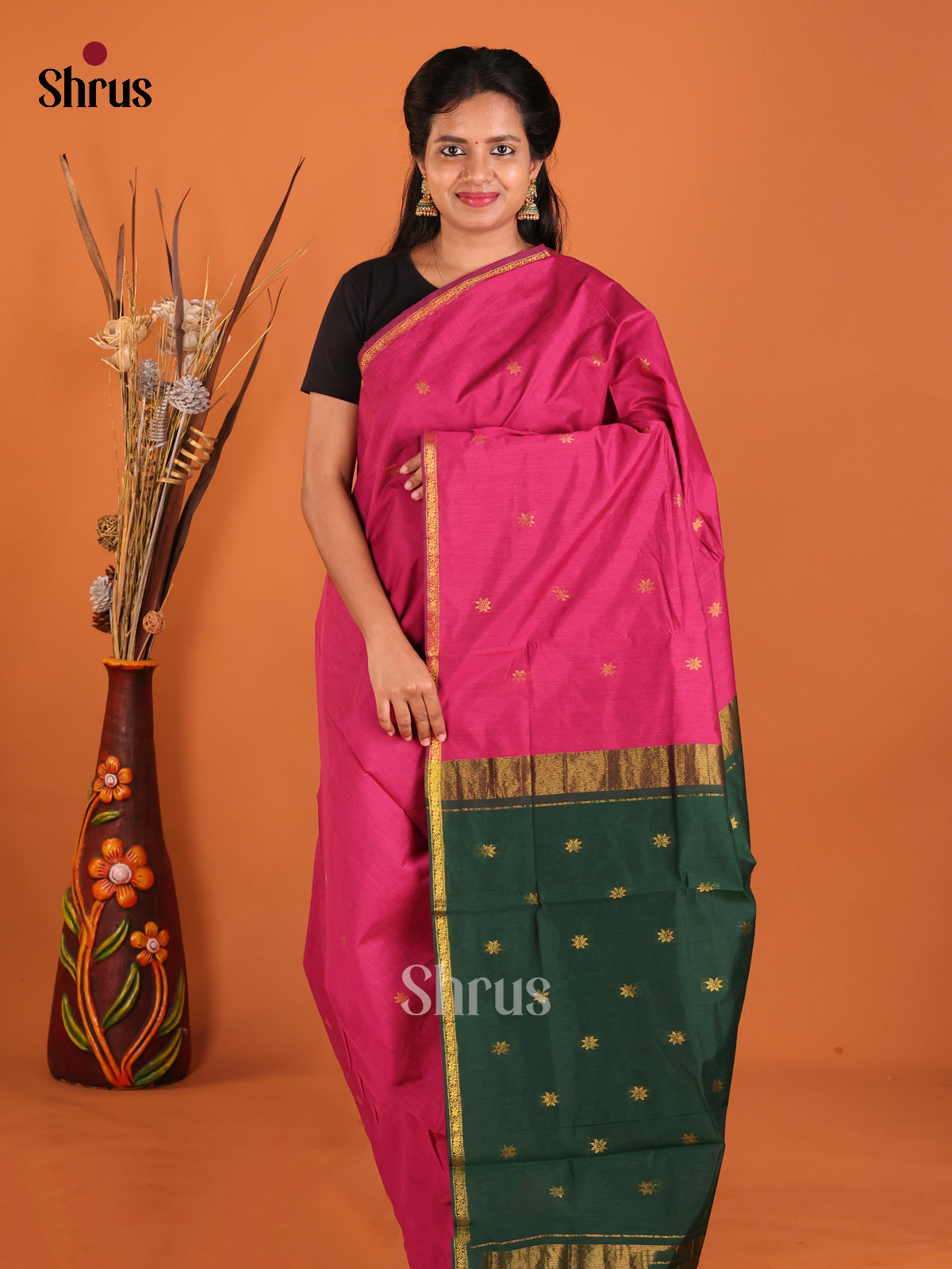 Pink & Green - Semi Maheshwari Saree - Shop on Shrus.com