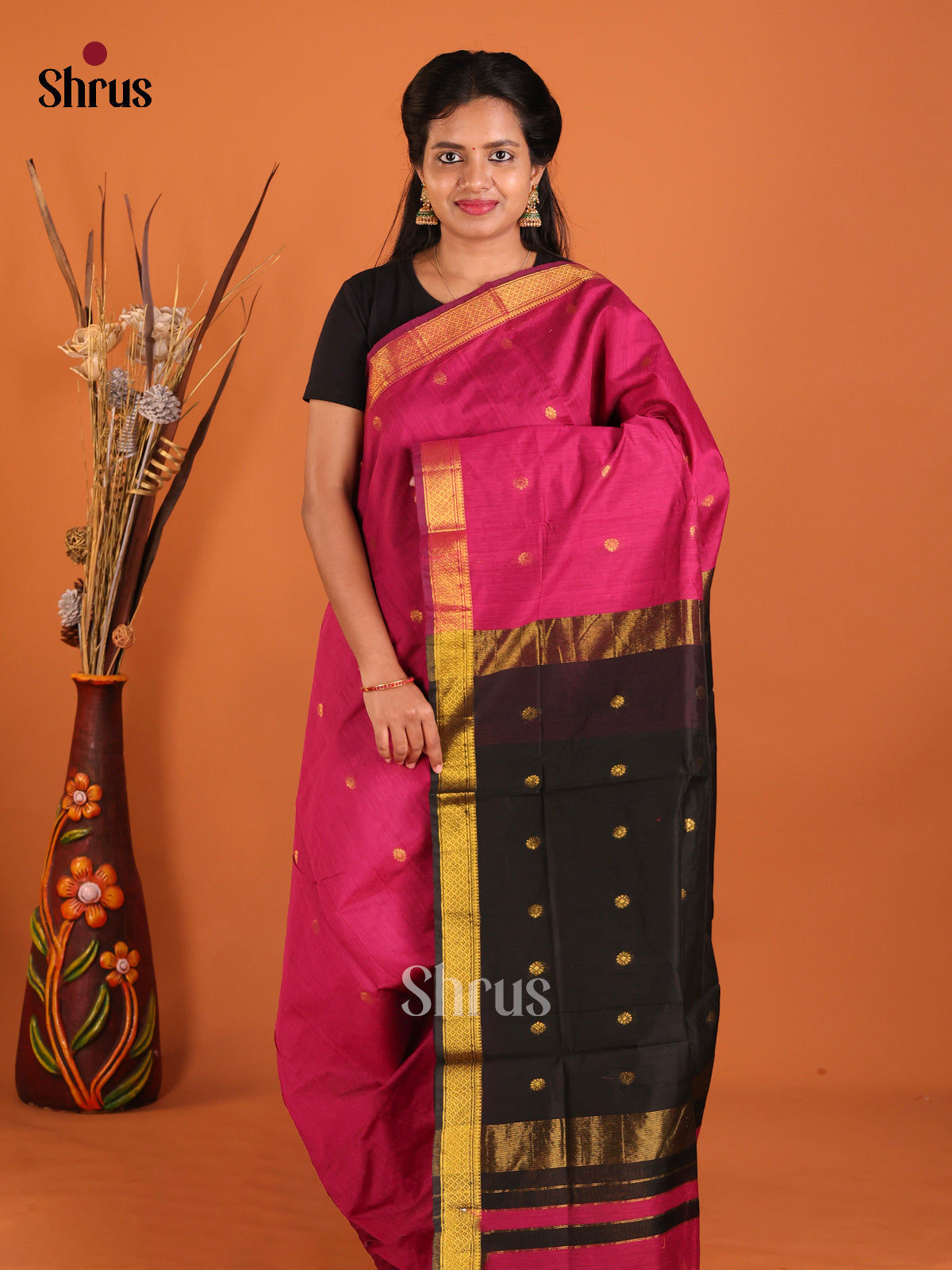 Pink & Black - Semi Maheshwari Saree - Shop on Shrus.com