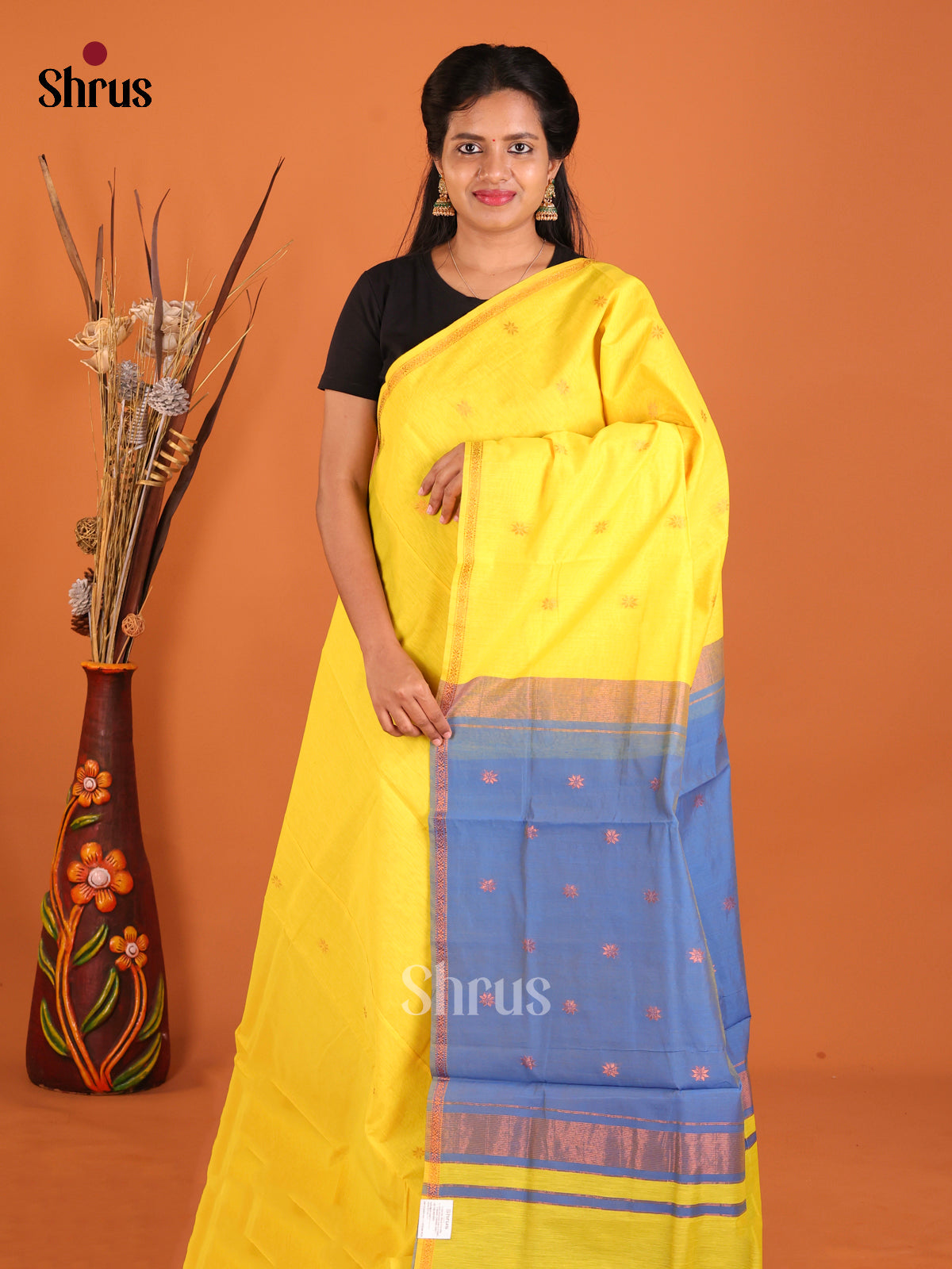 Yellow & Blue - Semi Maheshwari Saree