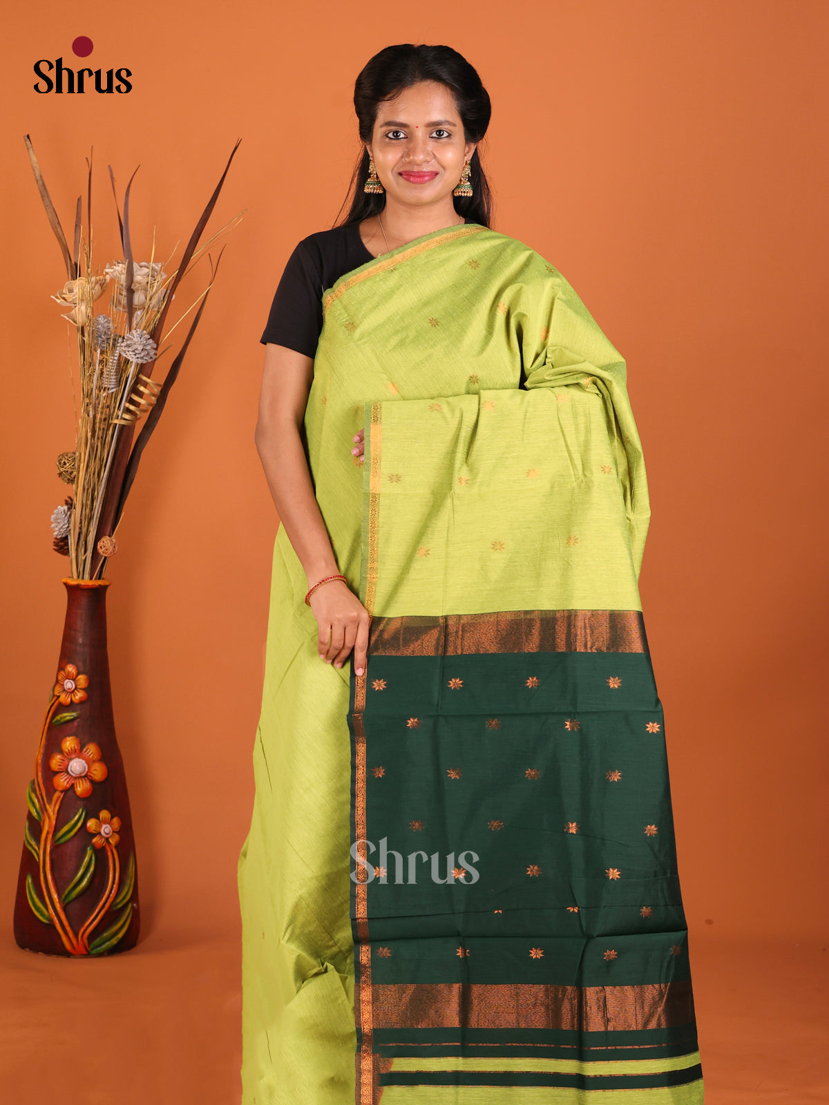Light Green & Green - Semi Maheshwari Saree - Shop on Shrus.com